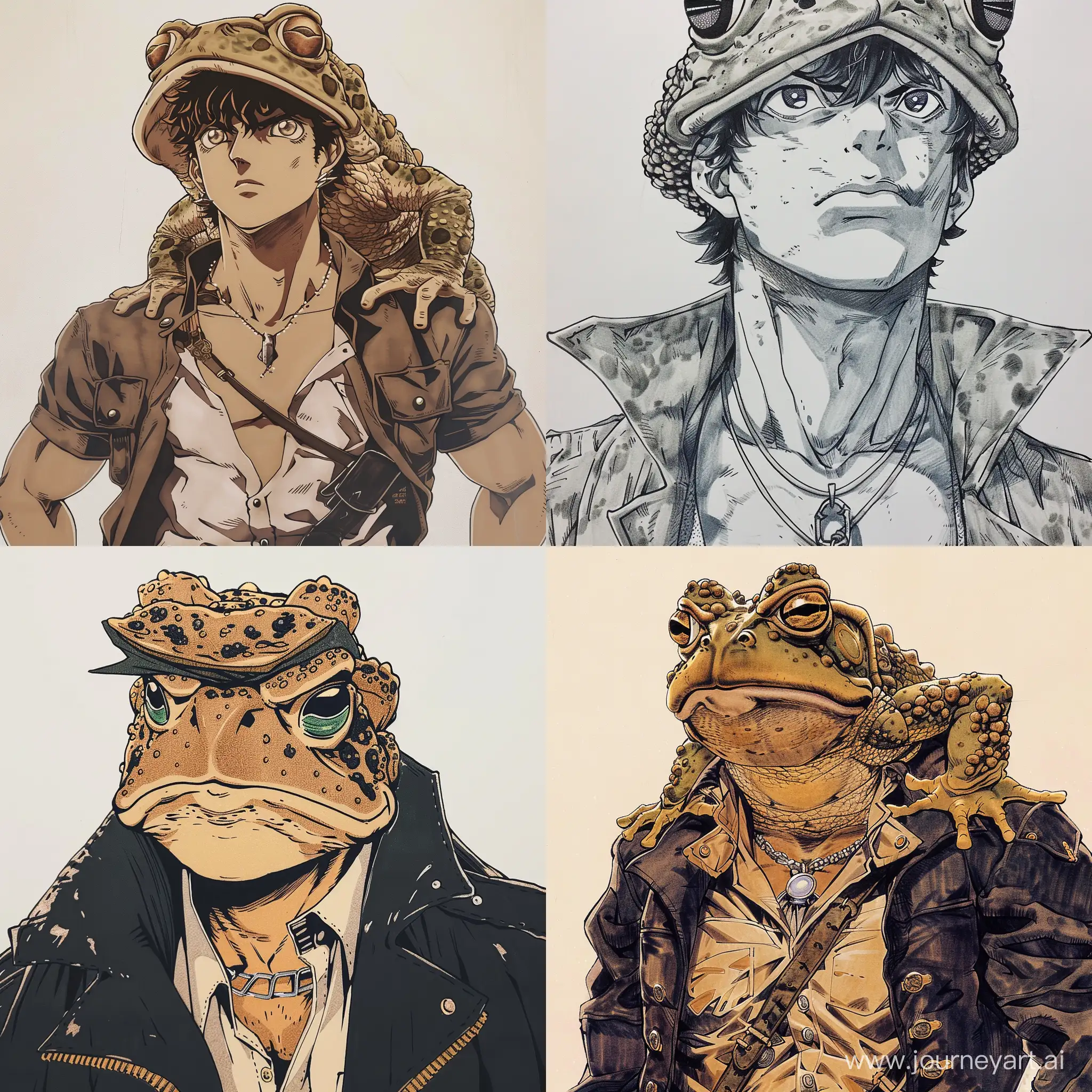 draw the hero of the anime Jojo - Jotaro - in the form of a toad, so that the toad's face can be seen , he should look like a toad with a human build and in the same clothes as the main character . The drawing should be like in the anime Jojo