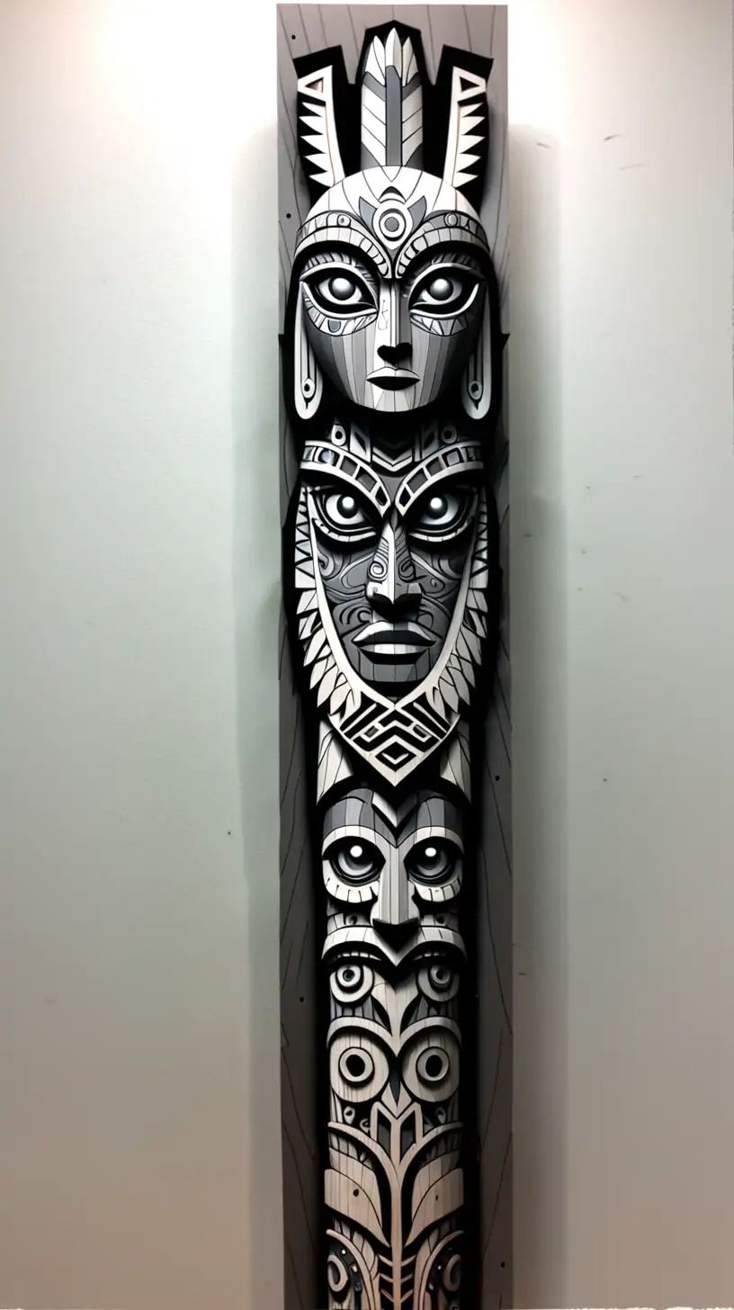 Grey scale, 2d, wood laser cut totem pole