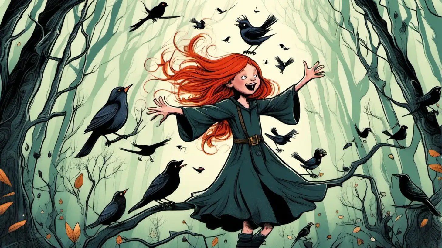 Enchanting Scene RedHaired 10YearOld Witch Serenading Birds in the Mystical Forest