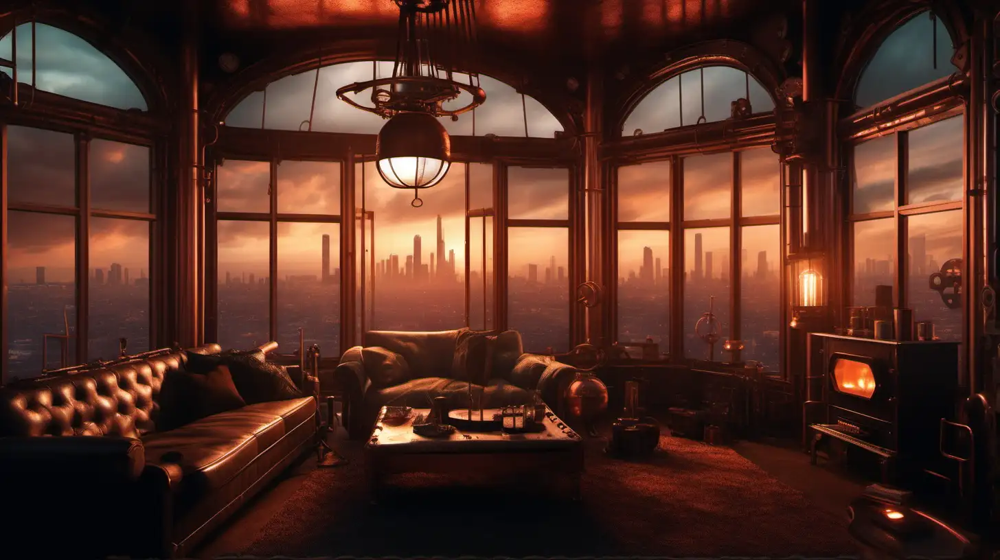 A steampunk-inspired living room at twilight with a fireplace and one large bay window looking out on a vast city, and copper tubes running over the walls and ceiling. Cinematic lighting, photographic quality.