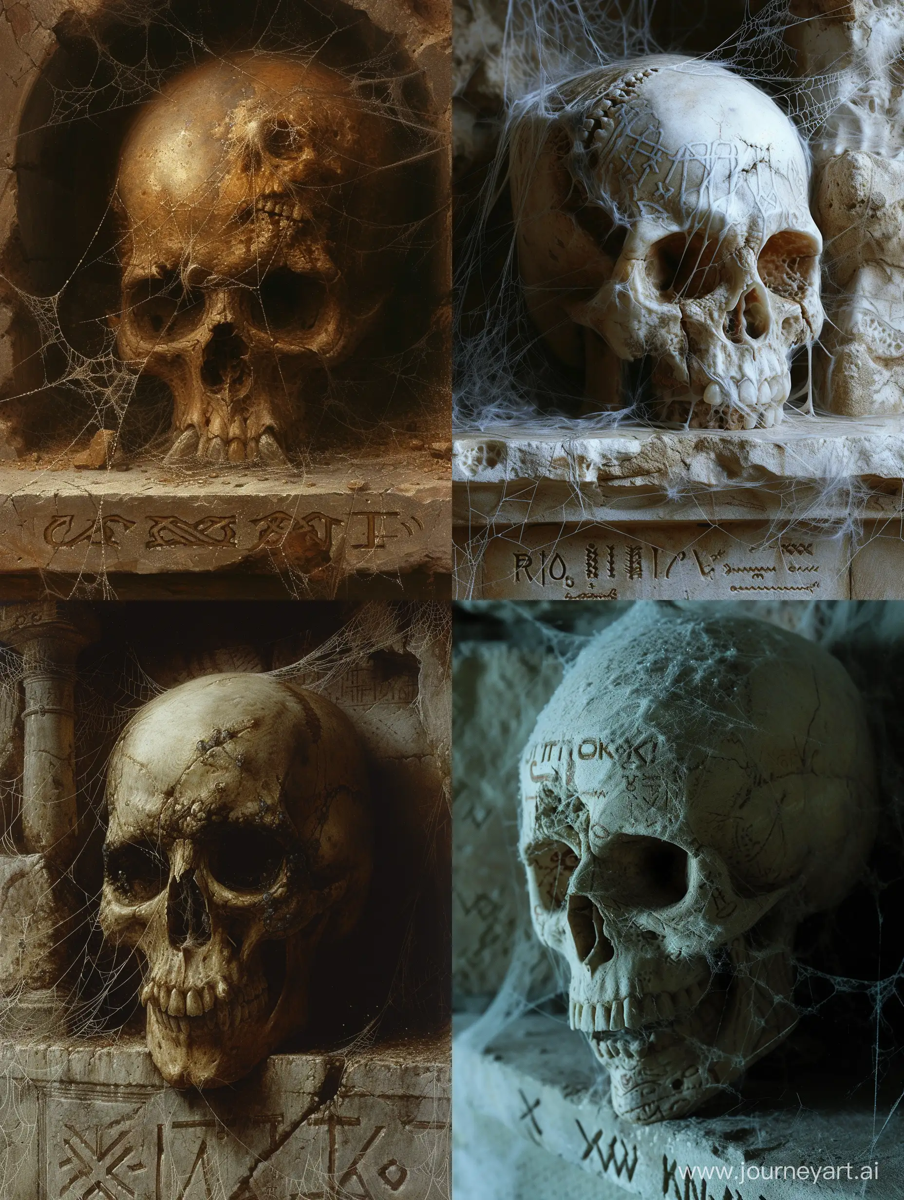Beksinski-Style-King-of-the-Dead-Skull-with-Haunting-Details-on-Stone-Shelf