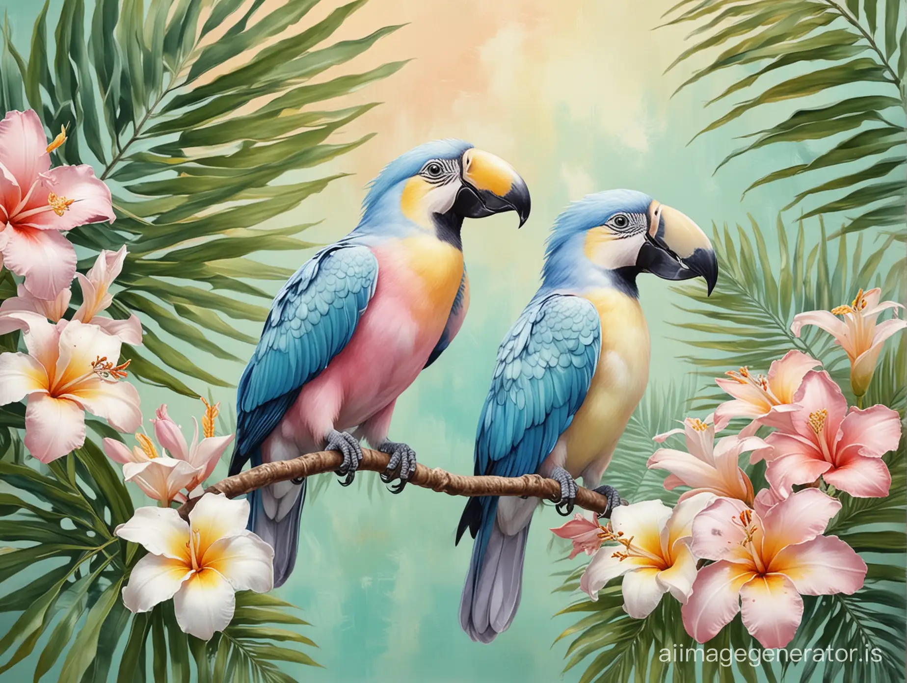 Two tropical birds, frangipanis, palms, tropical leaves, elegant pastel background, natural, acrylic style, realistic