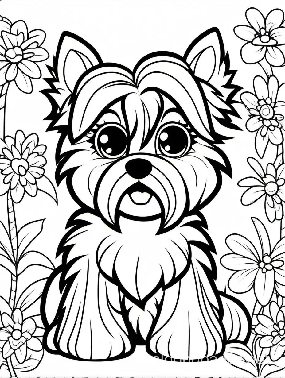 Cute-Yorkshire-Terrier-Coloring-Page-Lisa-Frank-Style-Black-and-White-Line-Art