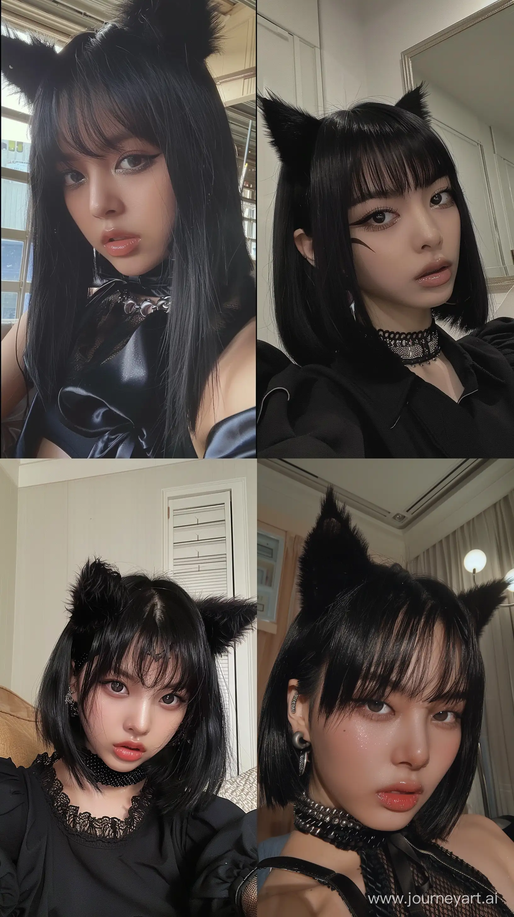 a instagram selfie of blackpink's jennie with black wolfcut hair wearing, with wide set eyes and aestethic make up --ar 9:16