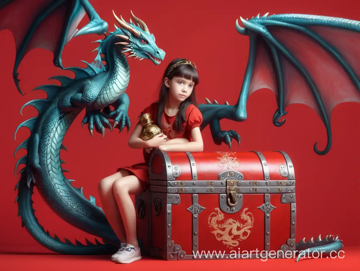 девушка  с крыльями дракона  около сундука с сокровищами на красном фоне 2024 