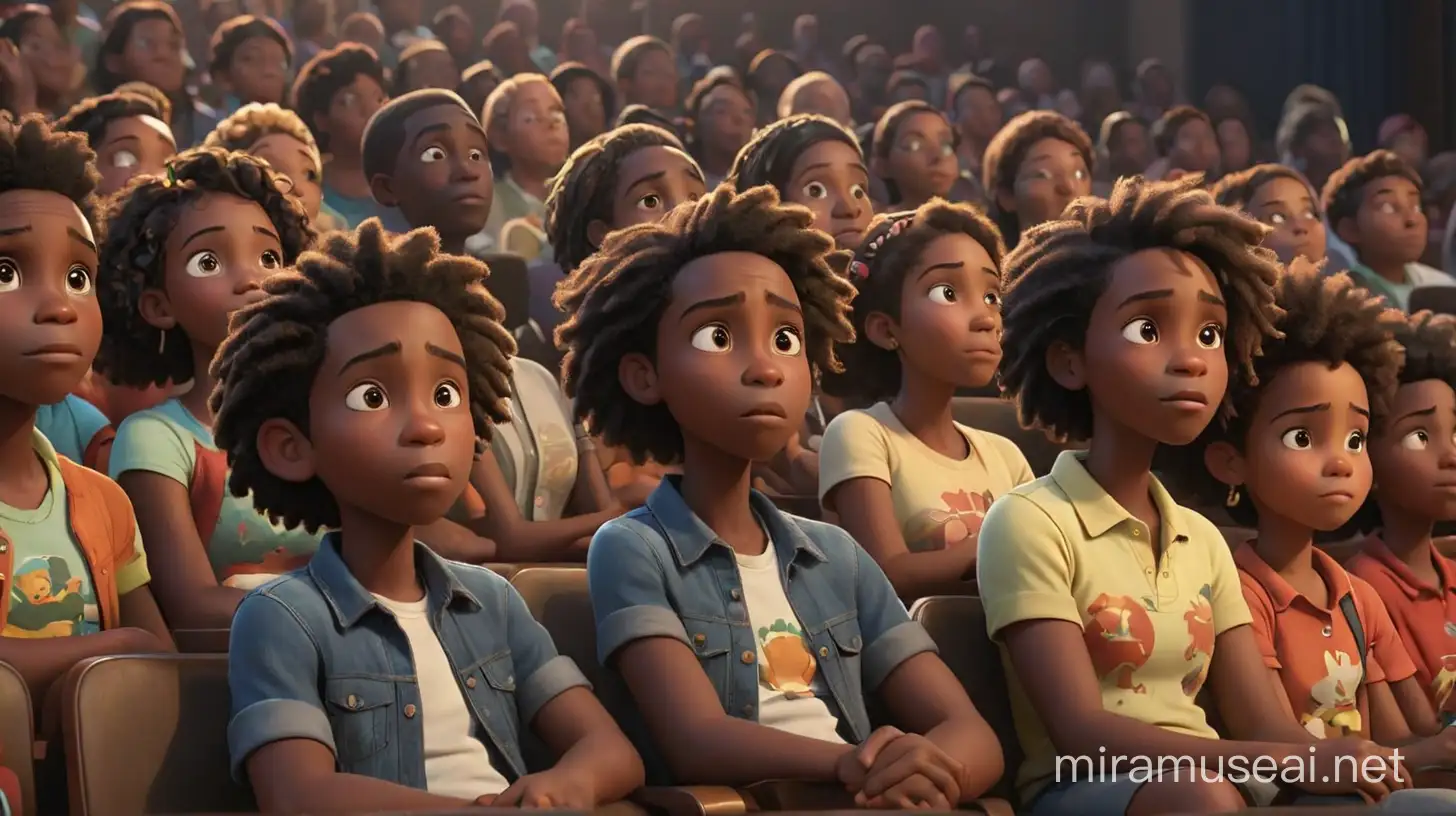 create an image of a large  Jamacian, Haitian, and African -American men, women, and children young and old sitting in a auditorium listening to the speaker. illumination, Disney- Pixar style illustration 3-D Animation, 4k