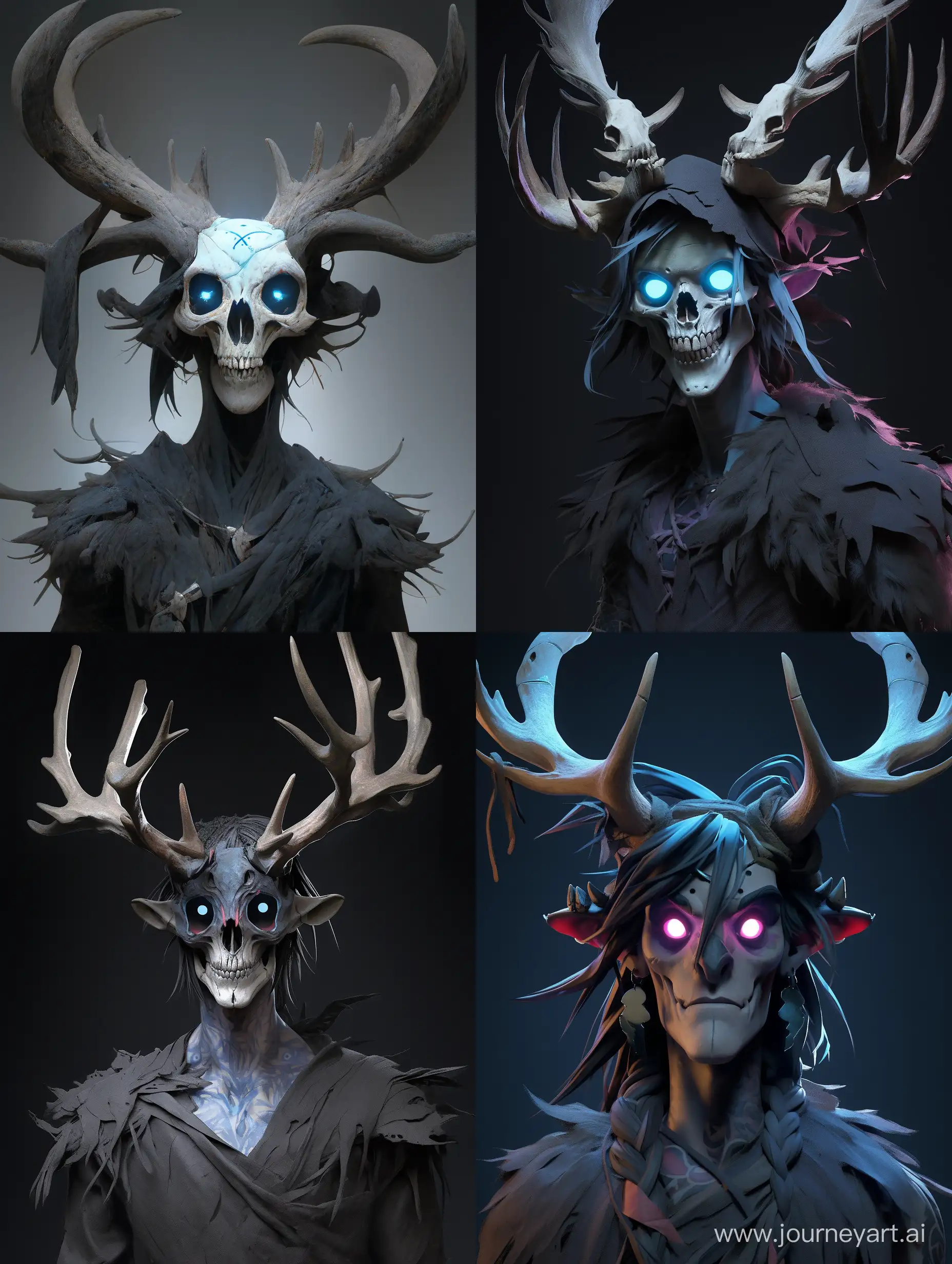 male windigo, black fur, a deer skull on the face, blue glowing pupils, a necklace on the neck, wolf ears, semi-realistic, cinematic light, ultra photoreal light, oil paint, rough strokes, ultrarealistic textures, --niji 5 --style expressive