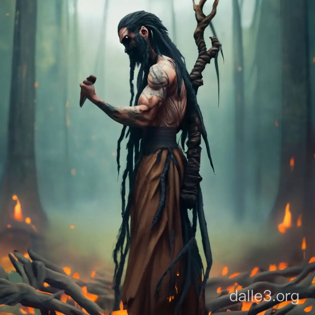 cultist necromant demonic embrace nature young druid demon slave long black beard full body wooden two hand staff long black dreadlocks black magic