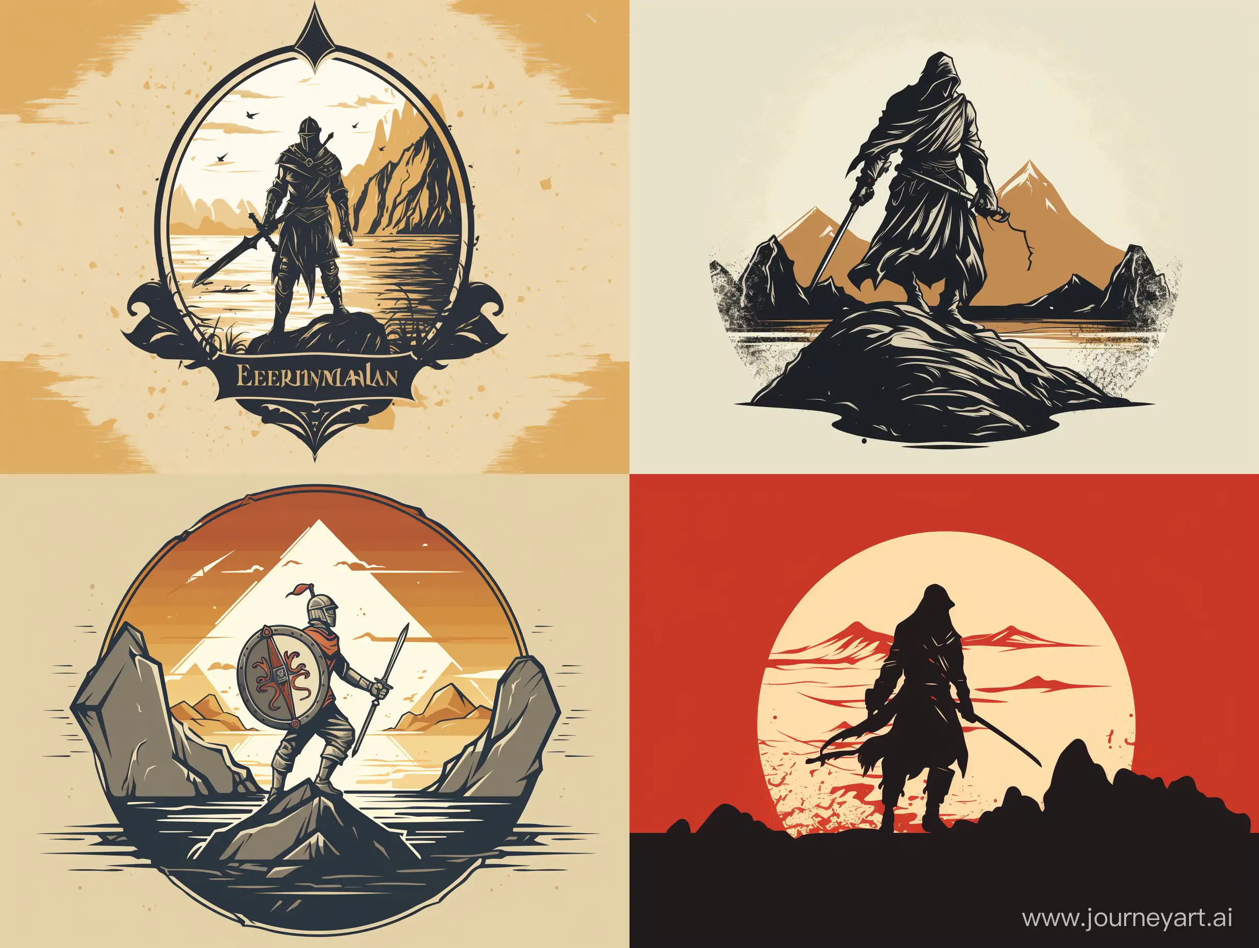 Design a seal-like logo for Debian Realms portraying a figure in exploration attire, holding a map, and standing against a medieval backdrop. Use earthy tones and strong lines to maintain a masculine and adventurous feel. Keep it elegant and straightforward.