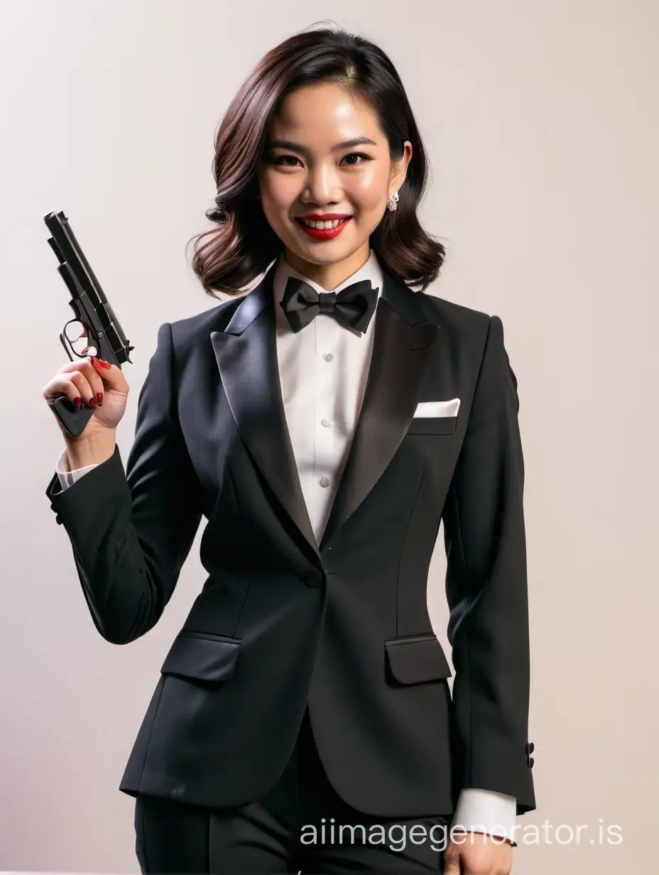 A female Vietnamese spy with shoulder length black hair and lipstick.  She is wearing a formal tuxedo with a black bowtie.  Her jacket is black and it is not buttoned.  Her jacket has a corsage.  She is pointing a gun.  She is smiling.  Her cufflinks are black.