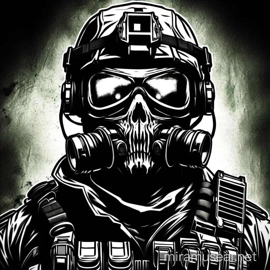 special forces military night vision goggles mask skeleton silhouette head in mask perspective,drawing style call of duty modern warfare 3 