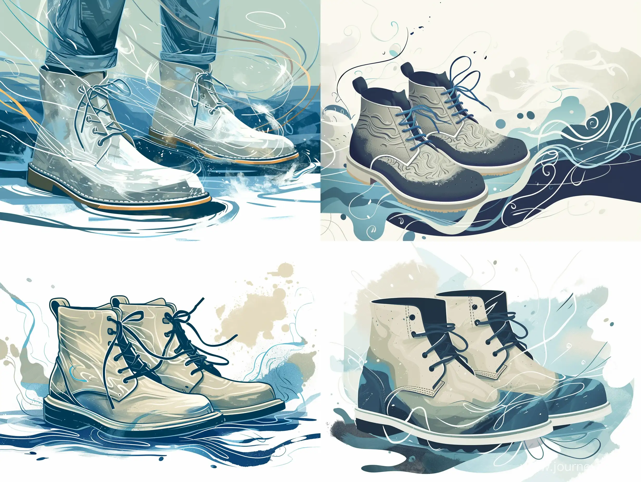 Create an abstract illustration for a pair of winter chukka boots inspired by Boreas, the god of wind and winter. Focus on capturing the essence of movement and the icy, brisk feel of winter through a simple and abstract design. Use a limited color palette that reflects the cool tones associated with winter, such as deep blues, icy grays, and subtle whites. Incorporate swirling patterns or dynamic lines to evoke the sense of wind in motion. Ensure that the design remains clean and minimalist, avoiding any literal representations of the god or human elements. Let the abstract forms and colors convey the atmospheric and elemental qualities inspired by Boreas.