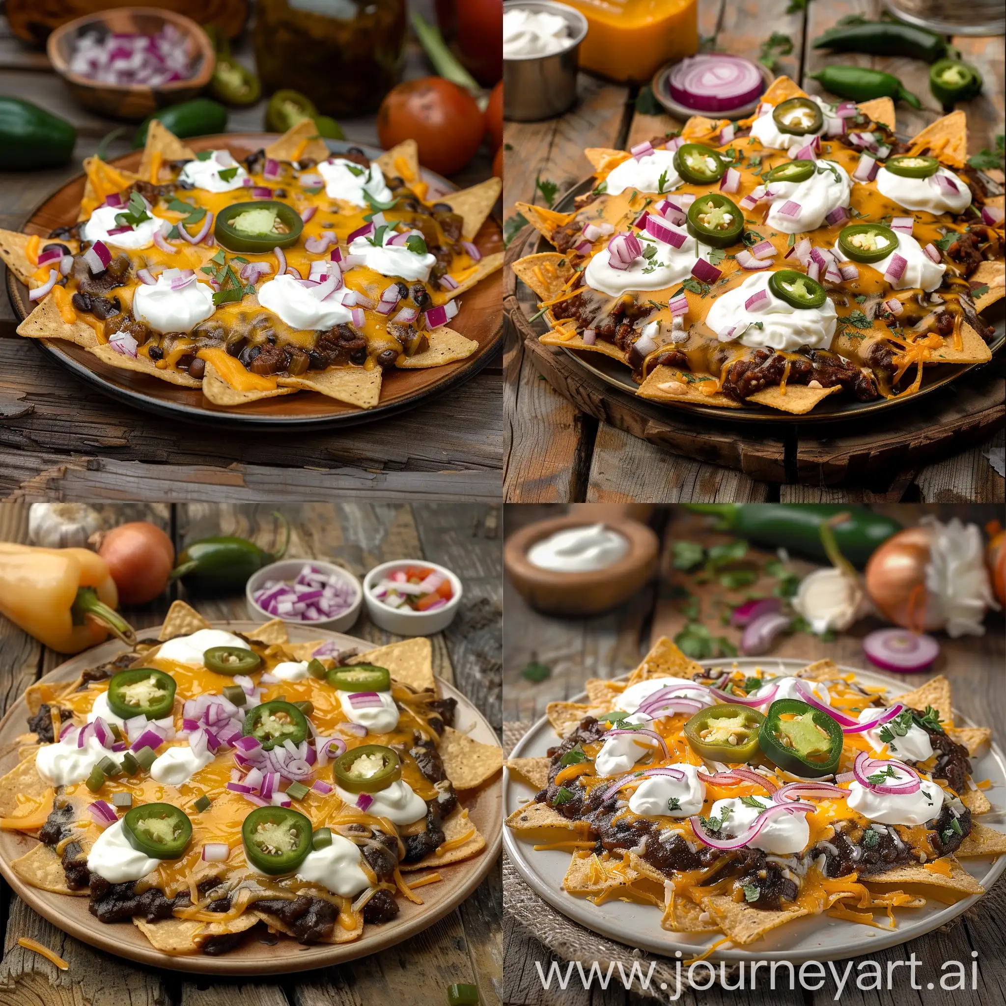 extremely photo realistic commercial image of staged black even stew on plate of round nachos with sour cream evenly spread, melted cheese on top, chopped red onion and chopped jalapeno as topping, background should contain some good looking ingridients on torn wood table, aestetics should be rustic