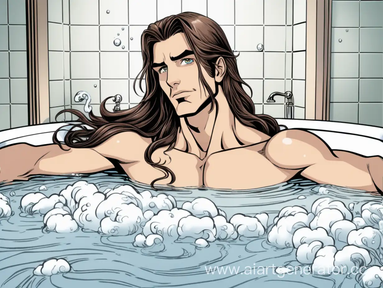 Красивый и элегантный мужчина с очень длинными коричневыми волосами в ванне, запрокинув голову. В стиле  комиксов. 