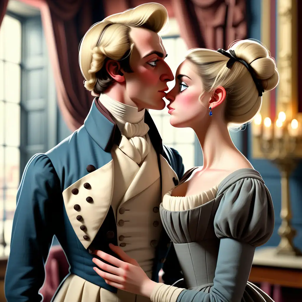 1816 Upper Class British woman, blonde hair, wearing an empire waist frock, hair in lovely bun, eighteen years old, in love. Kissing an upper class British Gentleman in his mid-twenties, with a strong jaw line, dark brown hair, blue eyes, in a frock coat in a ballroom