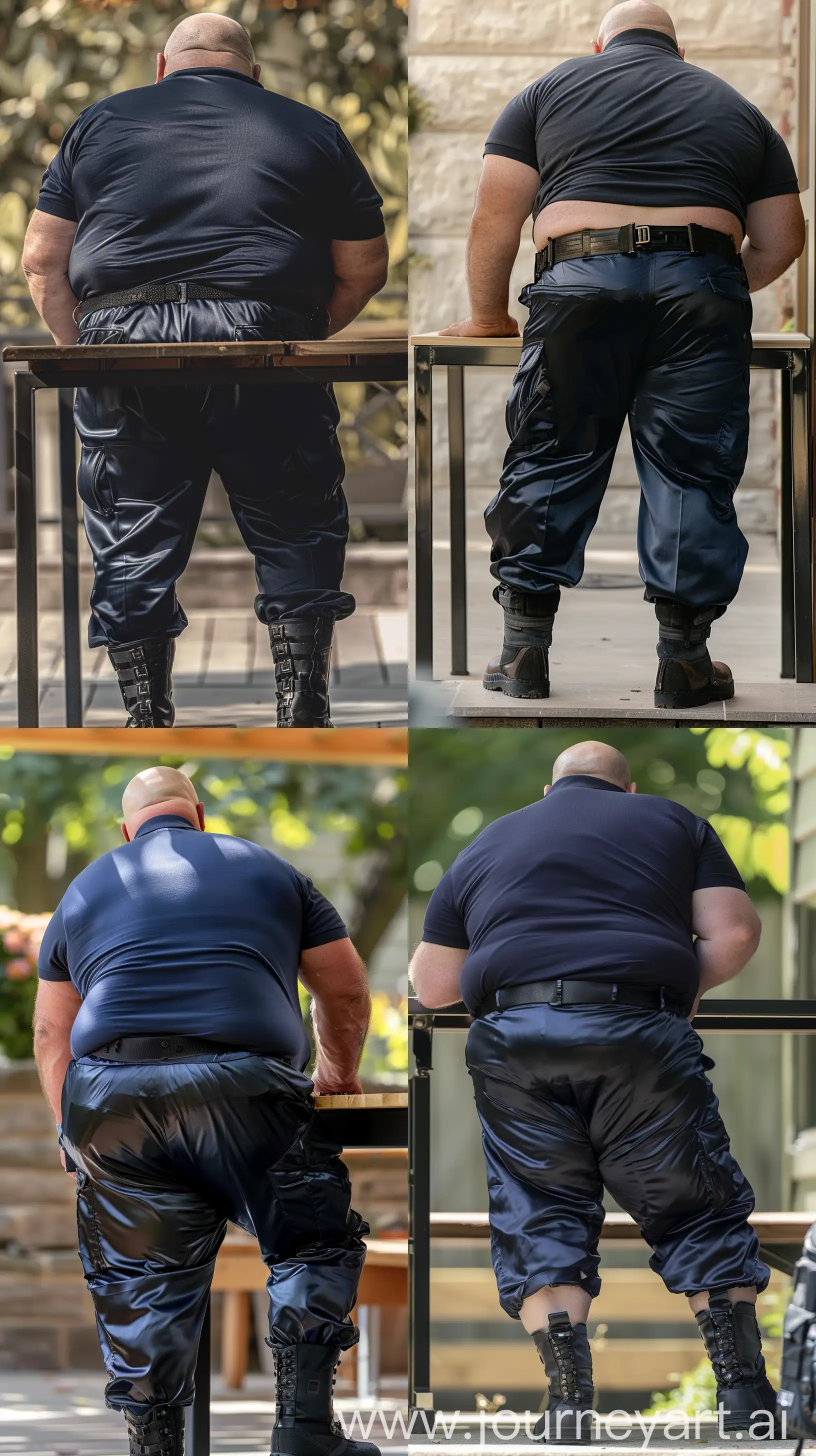 Close-up full body back view photo of a very fat man aged 60 standing next to a very high table. The man is wearing tight silk navy battle pants tucked in black tactical boots, he has a tucked in silk navy sport polo shirt and a black tactical belt. Legs upright. Bending over. Outside. Bald. Clean Shaven. Natural light. --ar 9:16