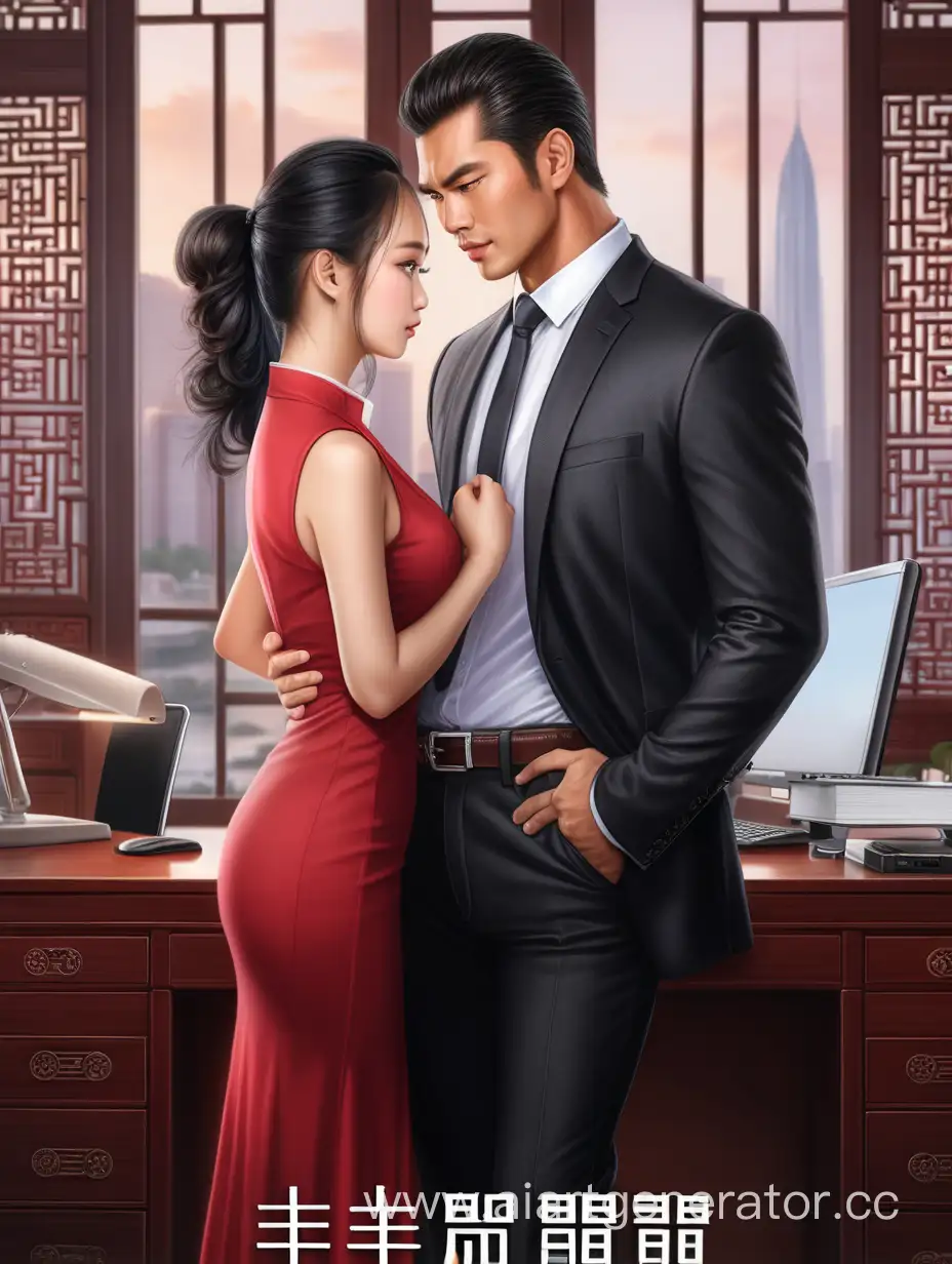beautiful chinese female secretary and a handsome boss in a modern setting as a romance novel cover