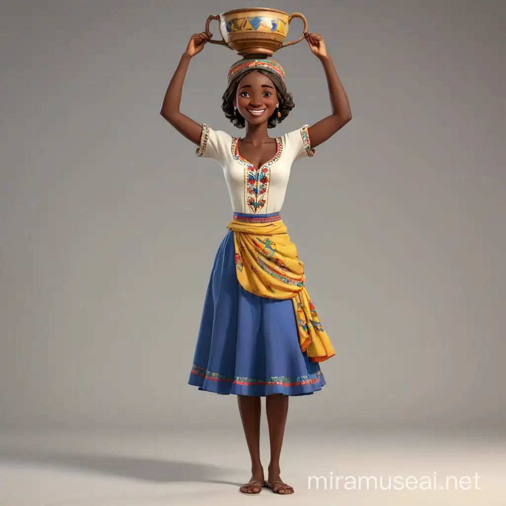 A dark-skinned woman stands in the national dress of Haiti, she is slender, beautiful, smiling broadly. Expressive facial features. A jug stands on her head. WE see her full-length, with arms and legs. Realism style, 3d animation.