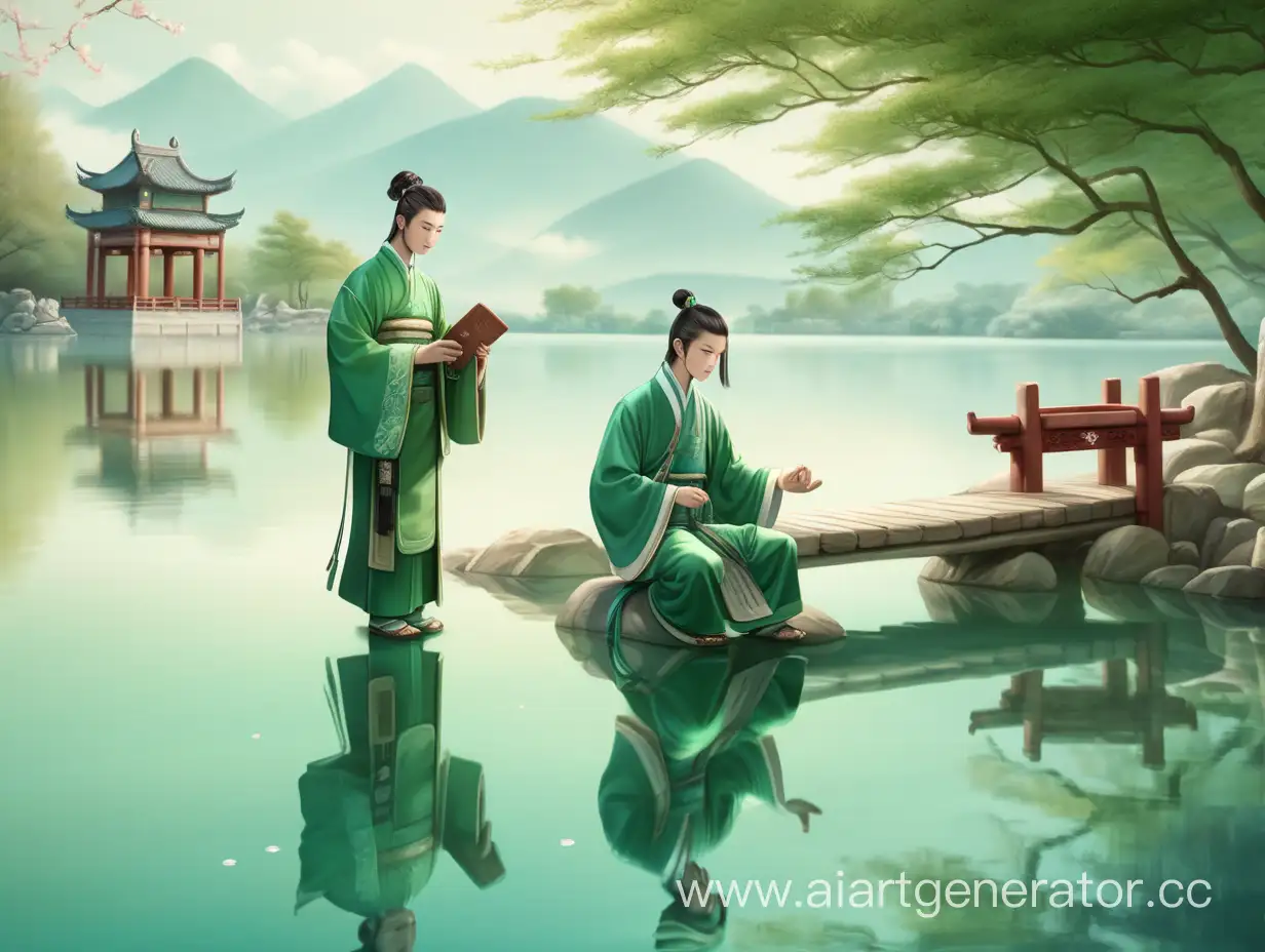 Молодой парень, мужчина, айдол, в зелёном ханьфу, китайская древняя одежда сидит на берегу красивого озера, рядом в воде играет ребёнок, мальчик, сын древний китай