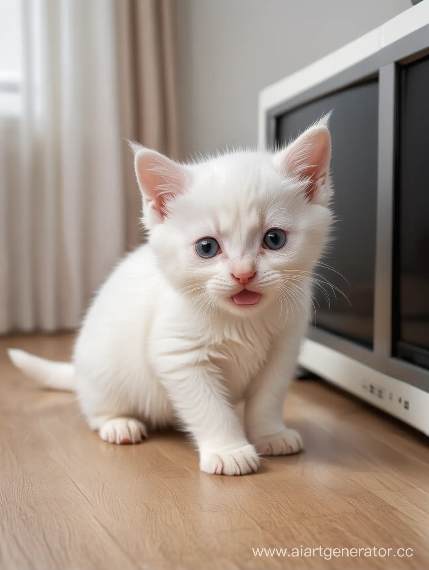 белый голодный котик плачет перед телевизором