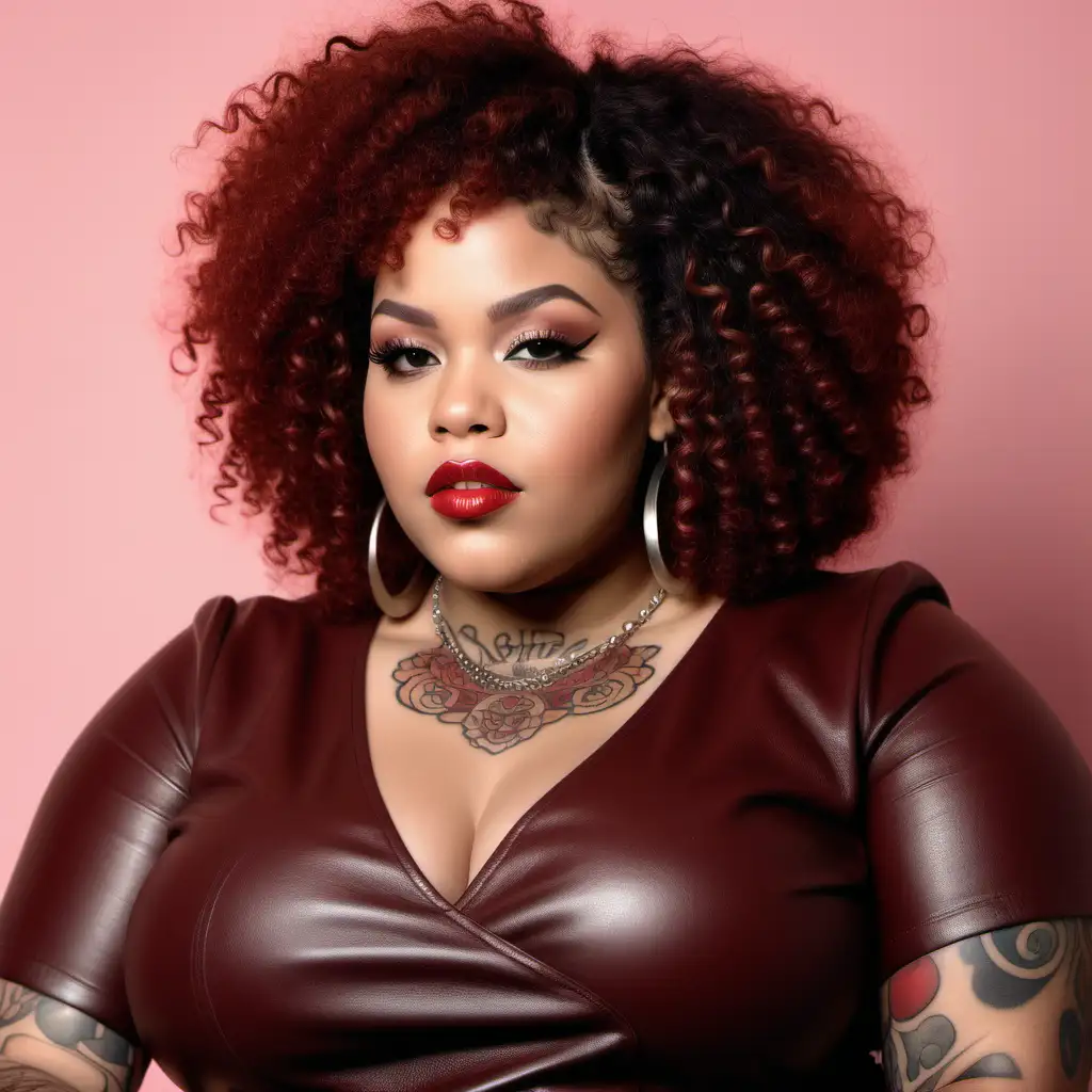A beautiful light skin plus size black woman wearing red soft curly afro hair. She has sleeve  tattoos. She has on a chocolate brown leather top. Modeling a soft pretty makeup look wearing a nude colored lip gloss