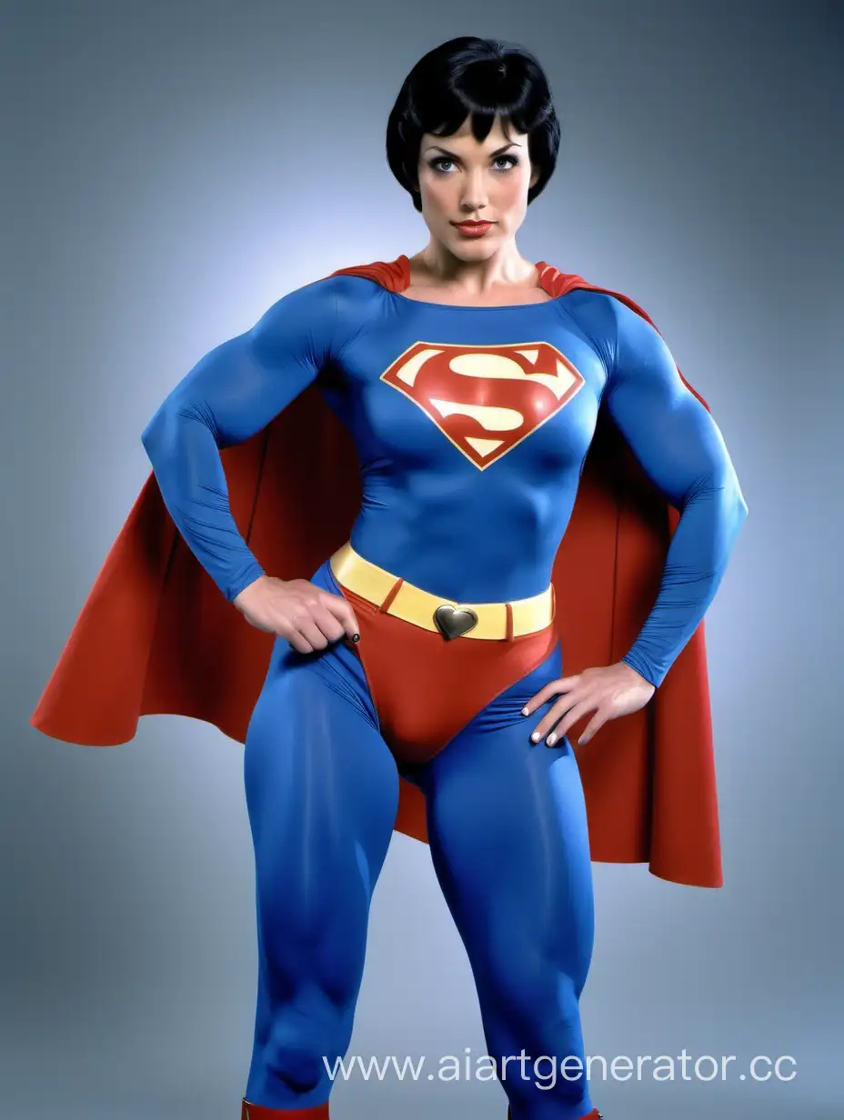 A beautiful woman with short black hair. Age 32. She has enormous super muscles throughout her body. She is flexing her enormous arm muscles. She is sexy and powerful. She is wearing the classic Superman costume from "Superman The Movie", with blue spandex leggings, long blue sleeves, red briefs, and a cape. There is no symbol on her chest.