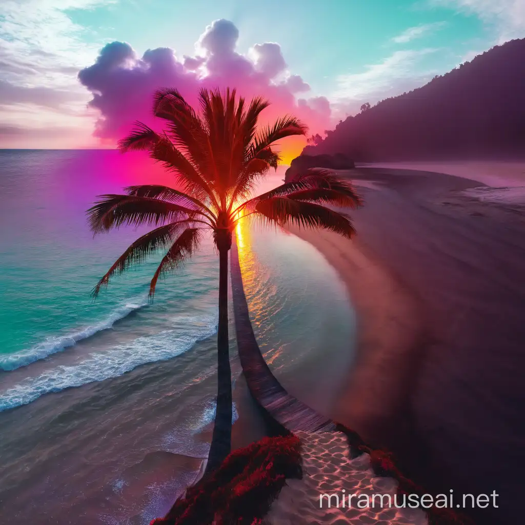 Vibrant Surreal Beach Scene with Psychedelic Palm Tree