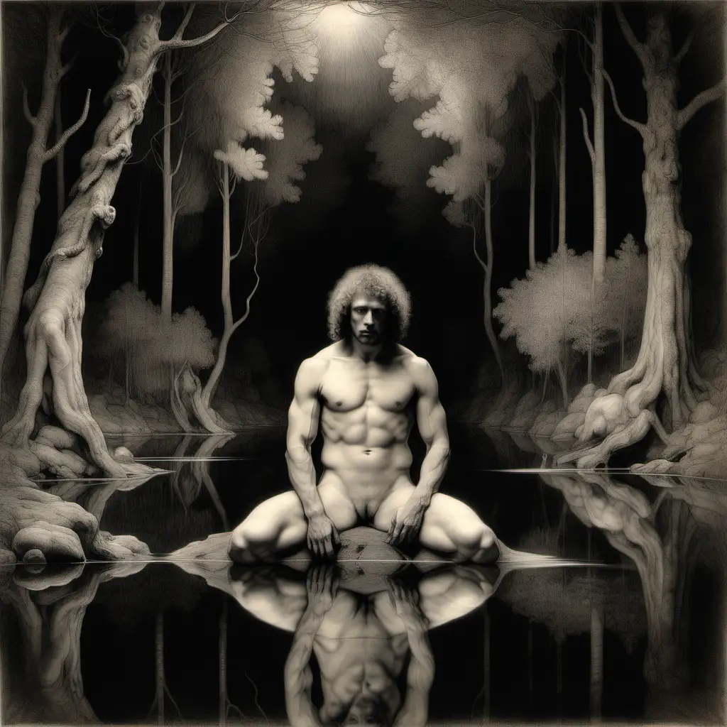 a pencil drawing by Rembrandt of a very very beautiful muscular nude, naked man, sitting mirroring himself in a dark lake in a dark mysterious forrest, like in the picture of Tuvstarr by John Bauer