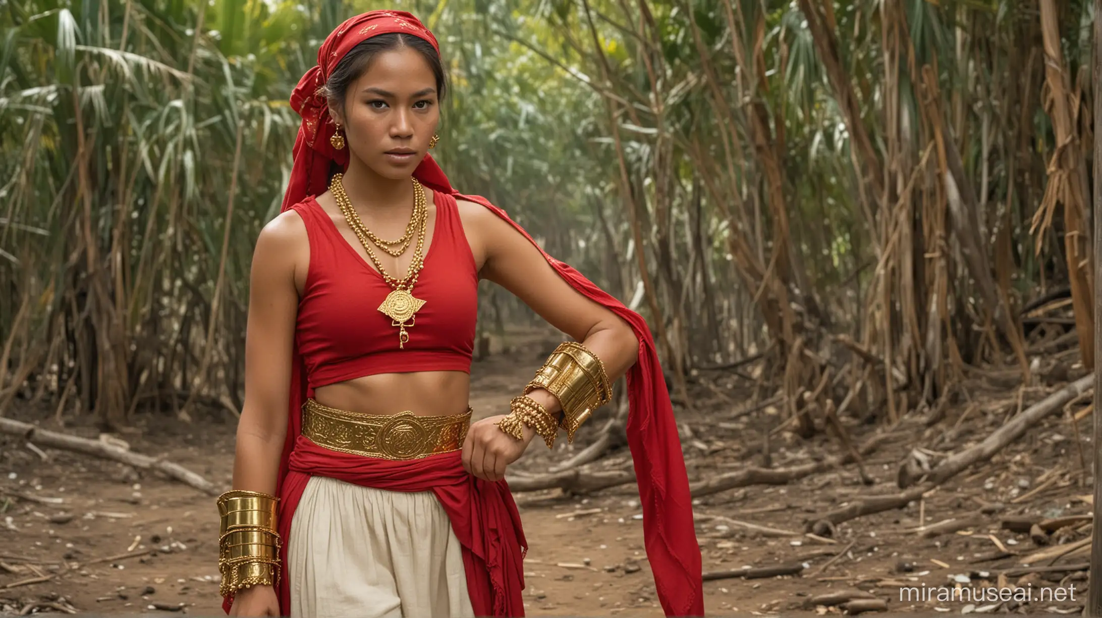 Set in the 1800s Philippines, a strong heroic dark-skinned Filipina revolutionary fighter wearing red Spanish colonial era clothing with gold rosary belt, gold bangles, and long gold necklace with a winged medallion pendant, she wears a red and gold bandana tied at the front over her long wavy hair, her footwear is a gold wooden sandals with gold straps up to her knee, she defends the poor abused natives against the Spaniards, cinematic