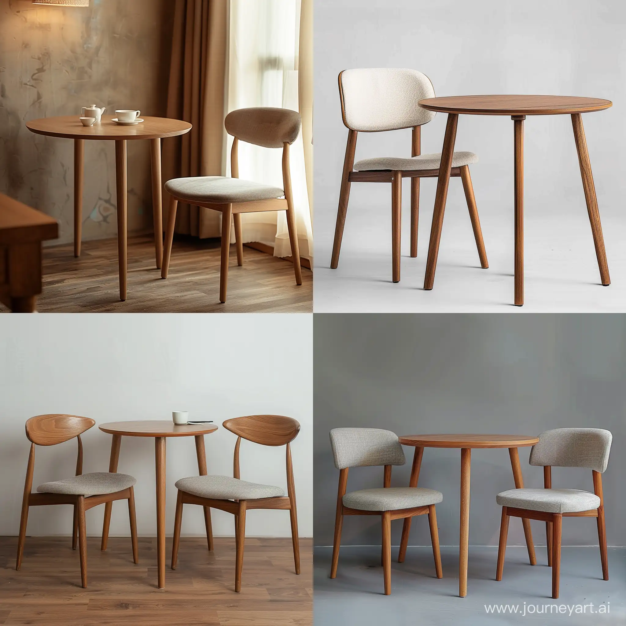 Enter a description of the picture you want to generate. For example: Simple dining chair and table in the style of Japandi,scandi,mid-century,comfortable,light,concise,tactile,good-natured,modern, wood, solid, soft fabric seat elements