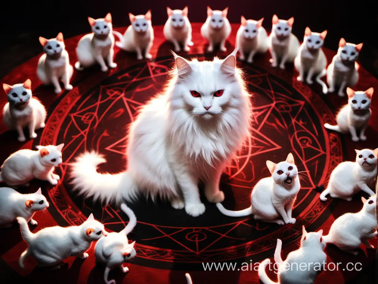 белый пушистый кот  с невероятно красивыми глазами с пушистой шерстью сидя в центе сатанинского круга вокруг которого мыши танцуют в ритуале призыва сатаны 