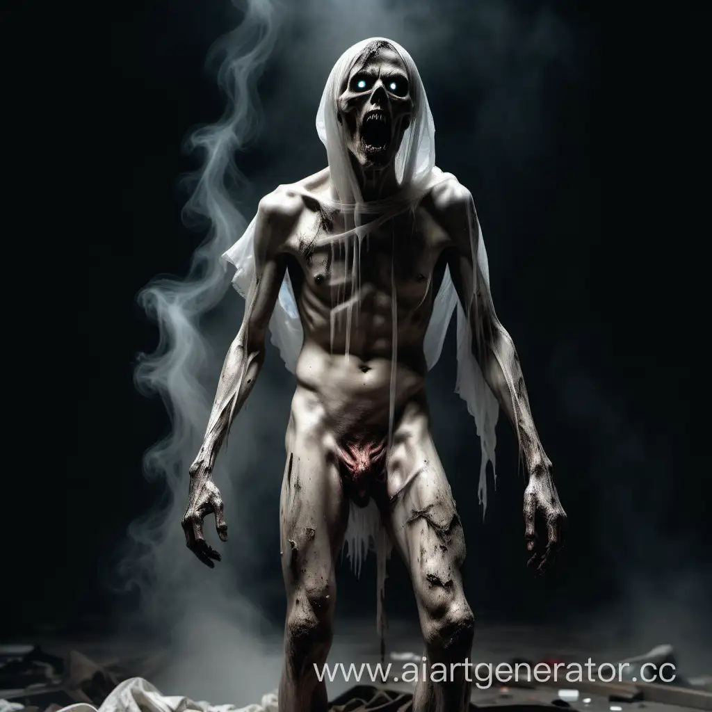 Злой и страшный реалистичный призрак мертвого человека в грязных лохмотьях(почти голый) стоит в полный рост и собирается напасть, с него свисают куски собственного мяса и кожи