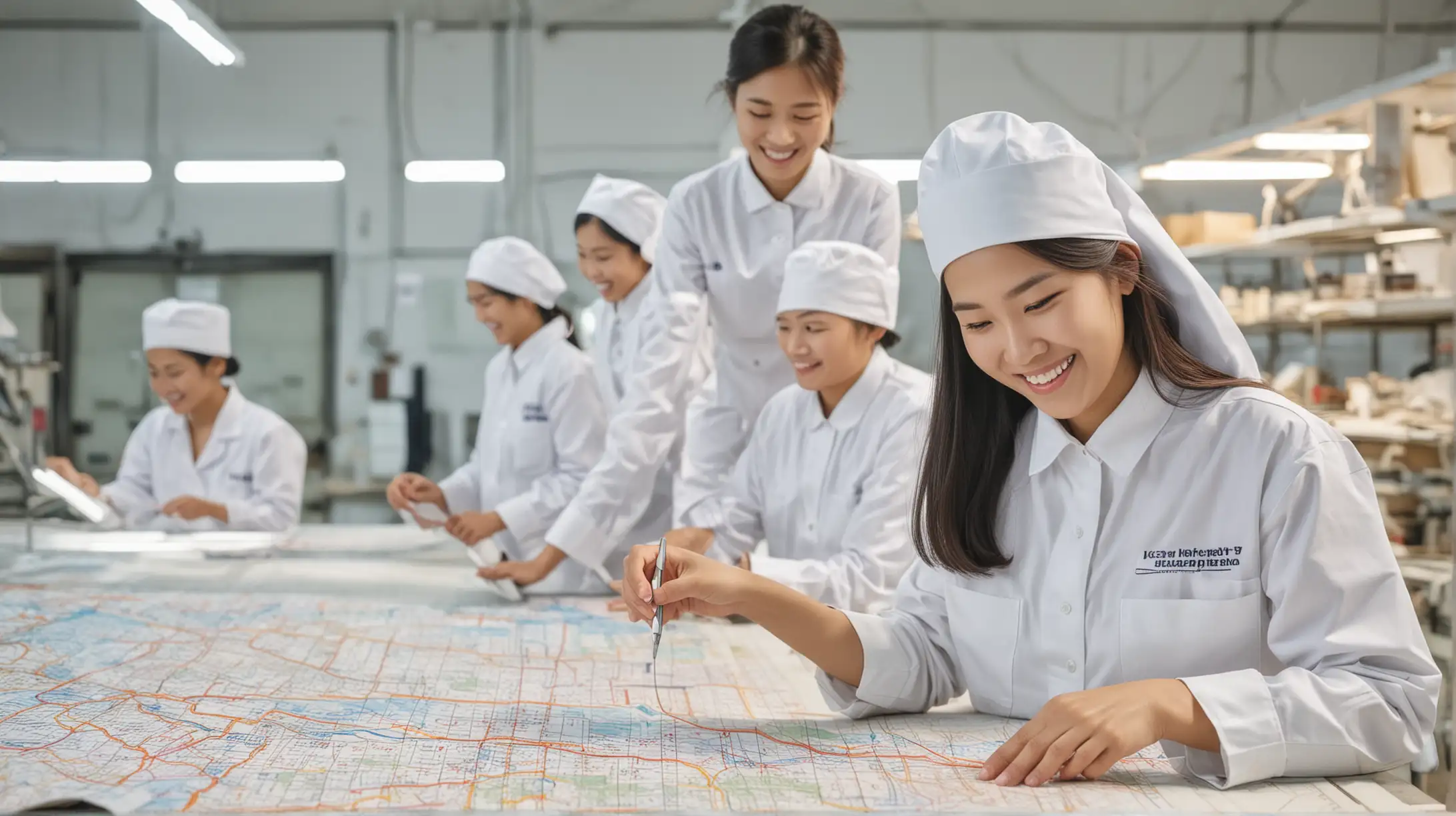 Worker, indonesian, south korean map, textile, manufacture, young, energetic, 2 woman, glowing, white, Fabrique, happy, smile, busy, worker background