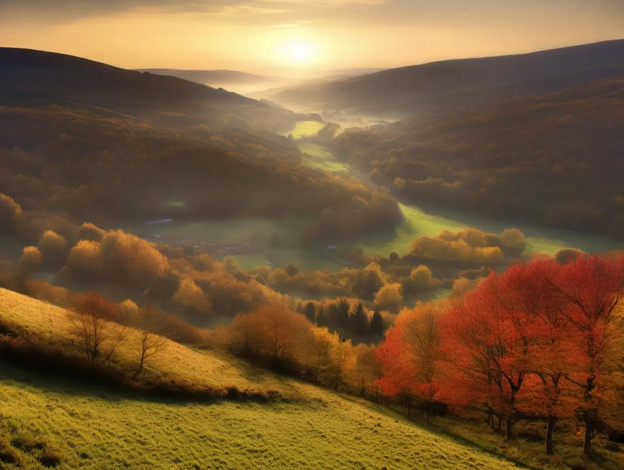 Secluded valley in autumn seen from a hilltop at sunrise