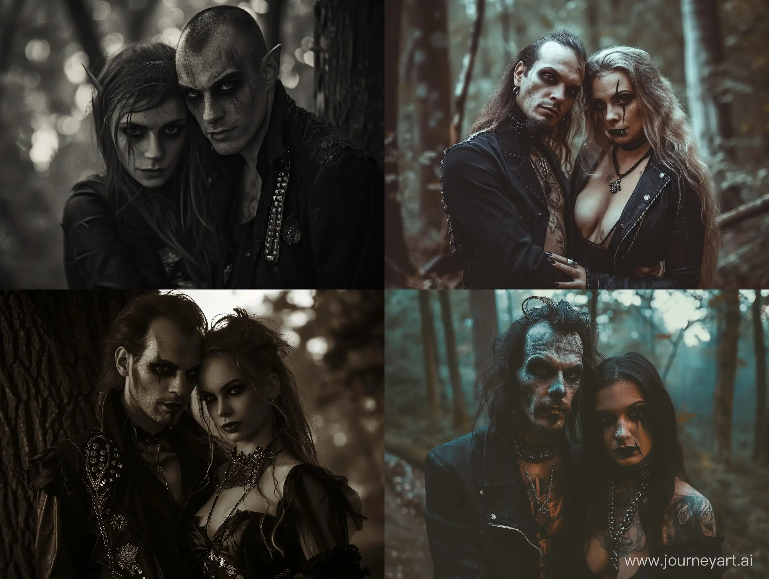 a photo of a vampire man an his female partner, style raw, heavy metal, woods, soft lighting, looking at the viewer, 