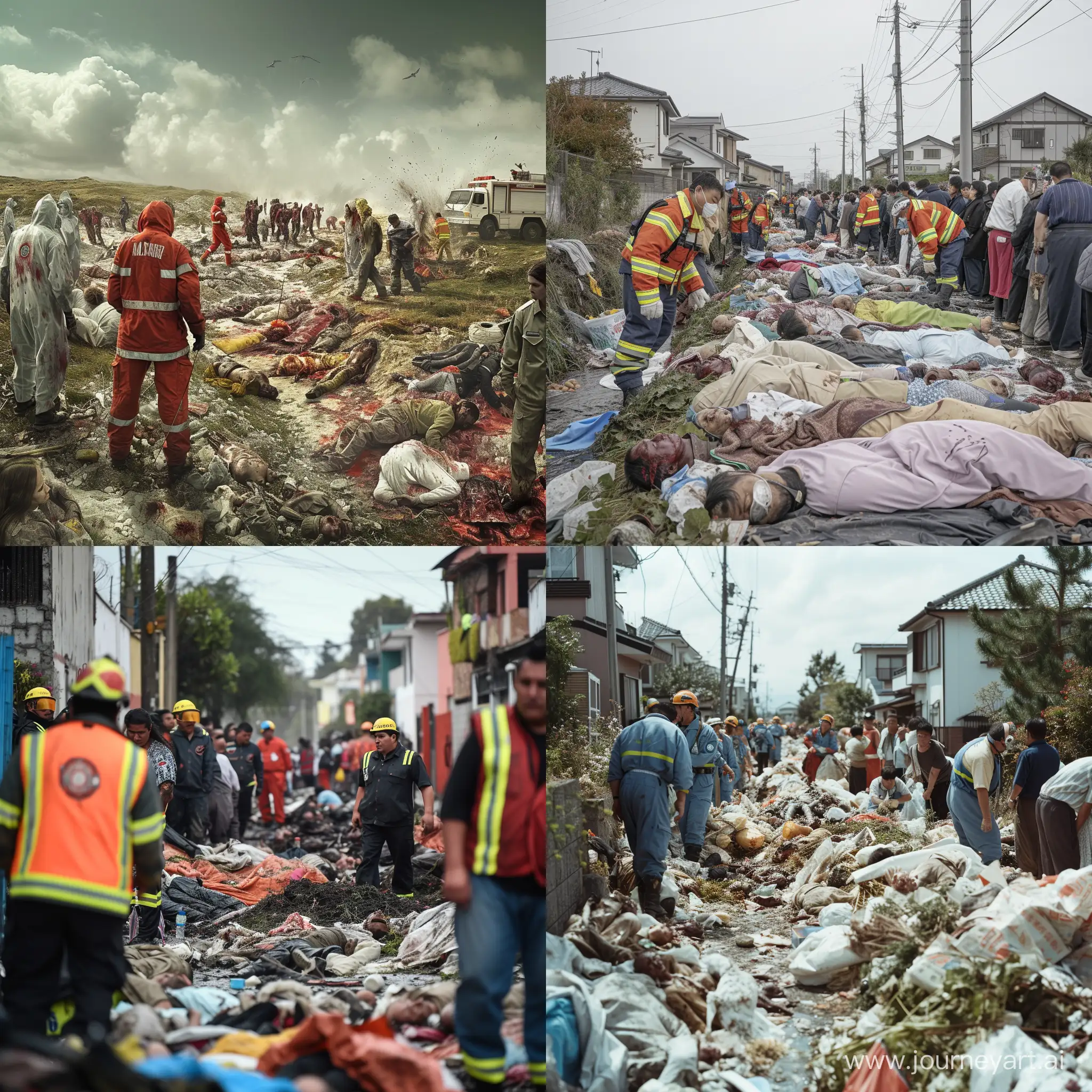 The occurrence of a major disaster or natural disaster and the presence of rescue workers in special clothes and shocked and worried people at the scene and starting to collect corpses in an area and organize them for identification.