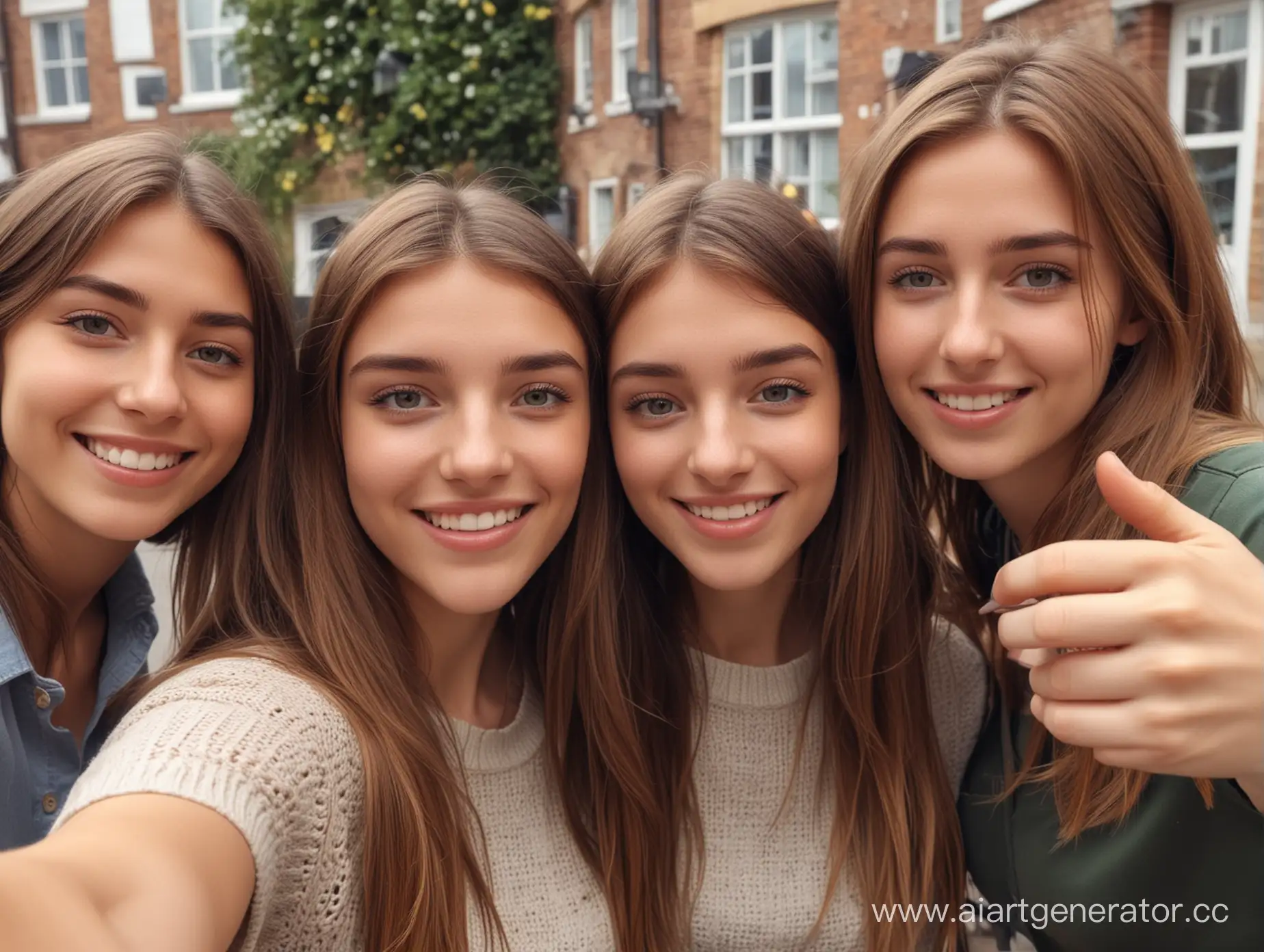 young british girl posing selfie with friends ultrarealistic
