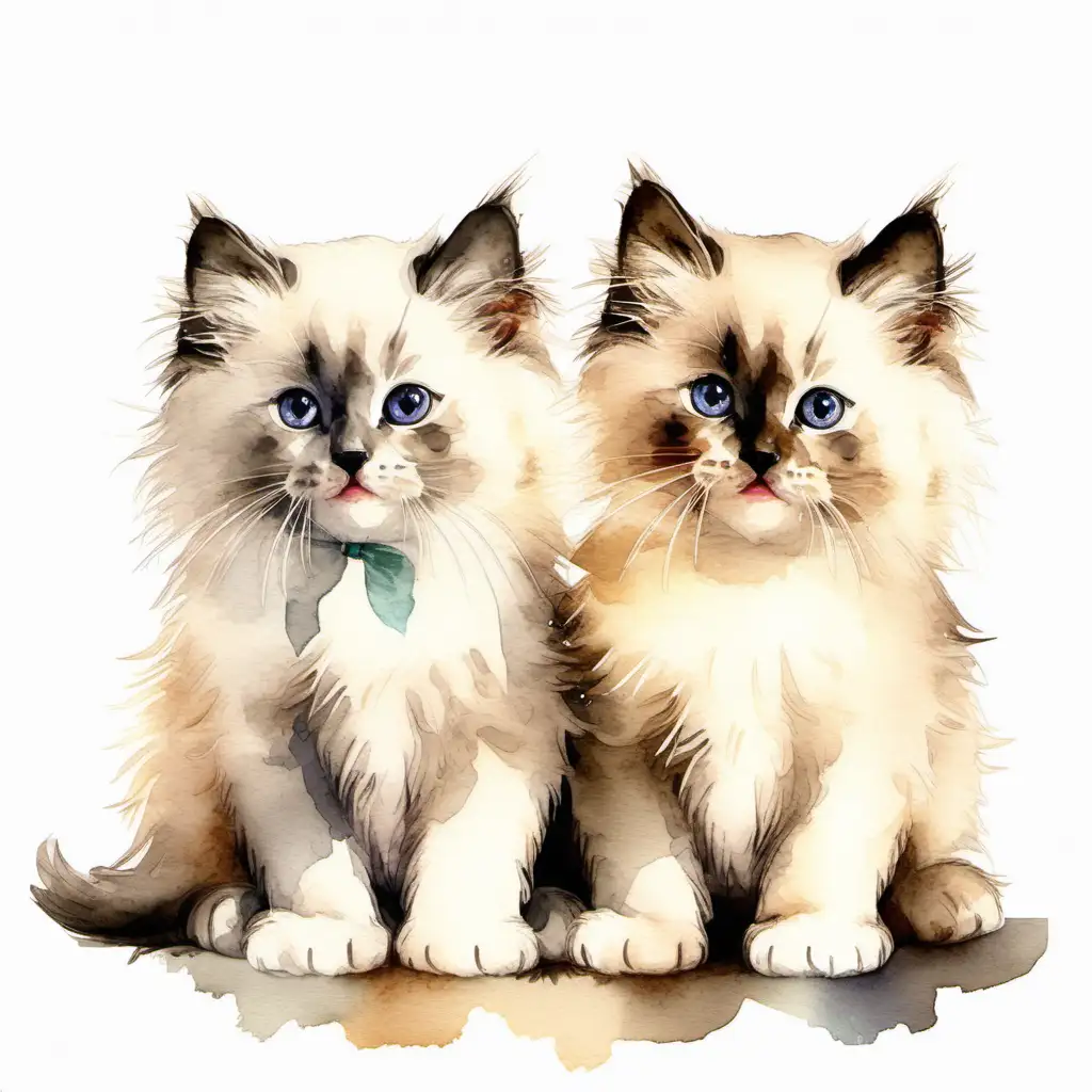 Vintage Watercolor Illustration of Adorable Fluffy Ragdoll Kittens