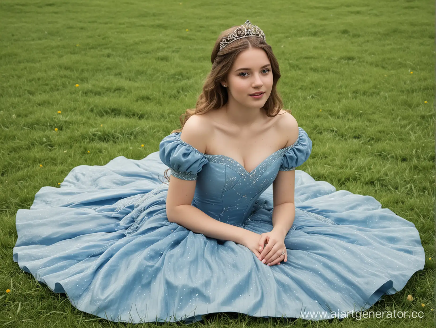 Princess-in-Blue-Voluminous-Dress-Sitting-on-Grassy-Meadow