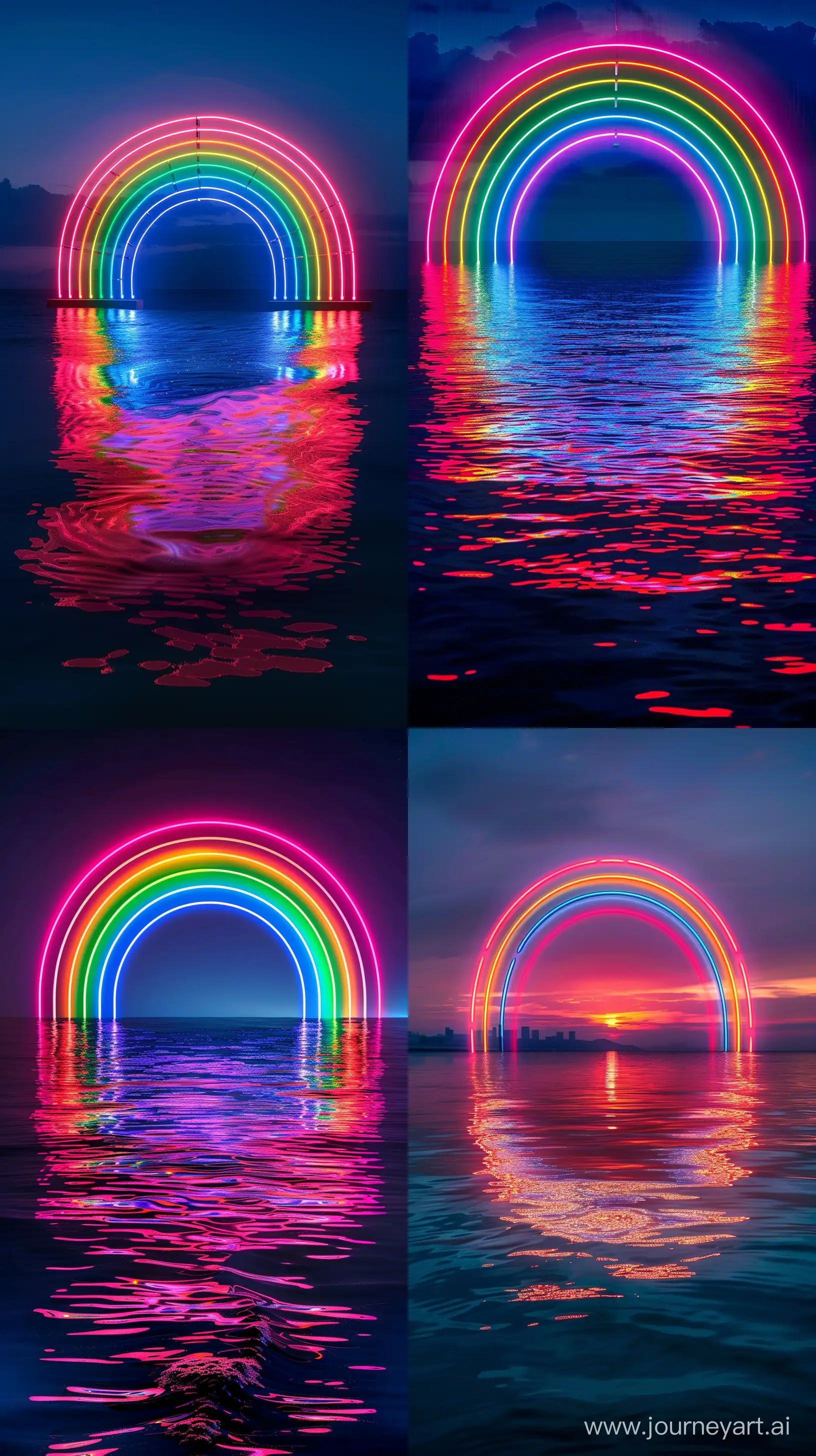 Professional Photography From Sea, Multi- Colored Neon Rainbow in Sea, Night, Realistic Light Reflections, Dreamy Theme, Wide Shot, High Quality --v 6.0 --q 1 --ar 9:16