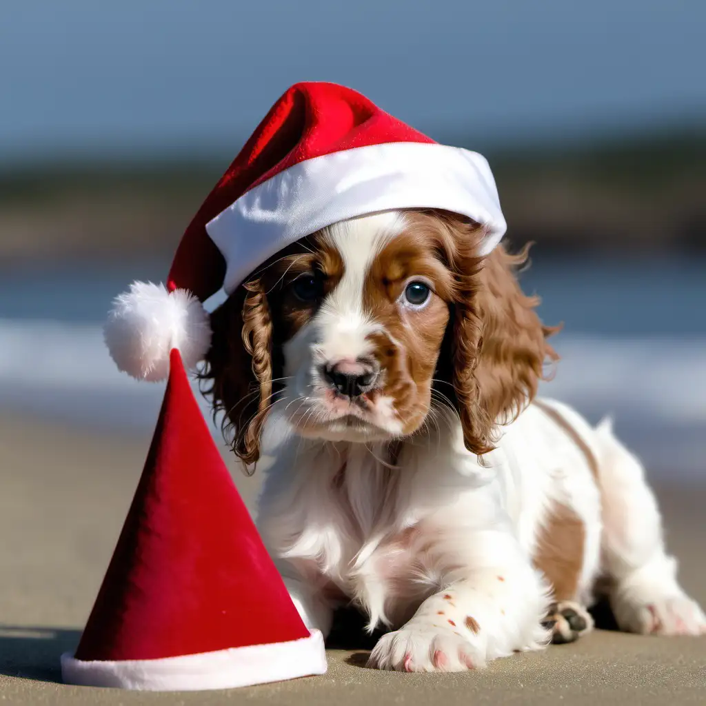 Adorable Clumber Bay Puppy Wearing Santa Hat