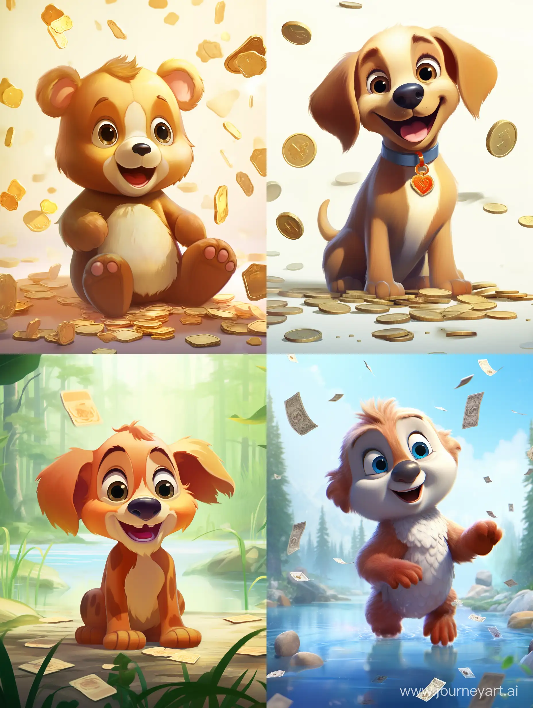 A cute Disney-style animal.He tosses Russian banknotes and coins on a light background