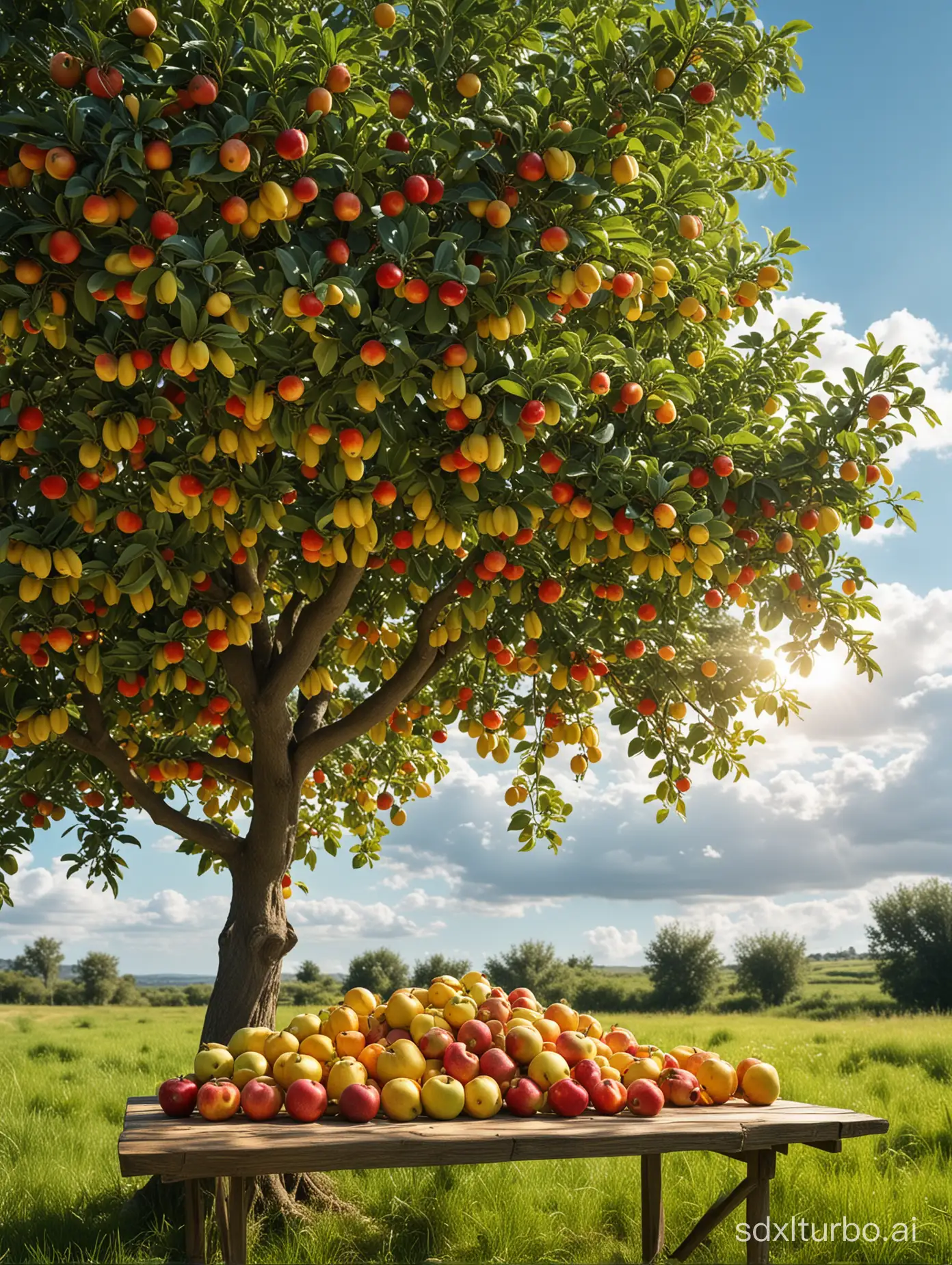 Draw a lifelike background for e-commerce live streaming: a mature fruit tree with various fruits hanging on it, such as red apples, yellow bananas, green pears, etc. Behind the fruit tree is a lush green grassland and the distant blue sky with white clouds. In the background, you can see the sunlight shining on the leaves and fruits, creating beautiful light and shadow effects. Various fruits are placed on the table, with smooth and translucent surfaces, emitting enticing fragrance. Hope to reflect the real texture and colors of the fruits, allowing the audience to feel the joy of harvest and the fresh atmosphere.