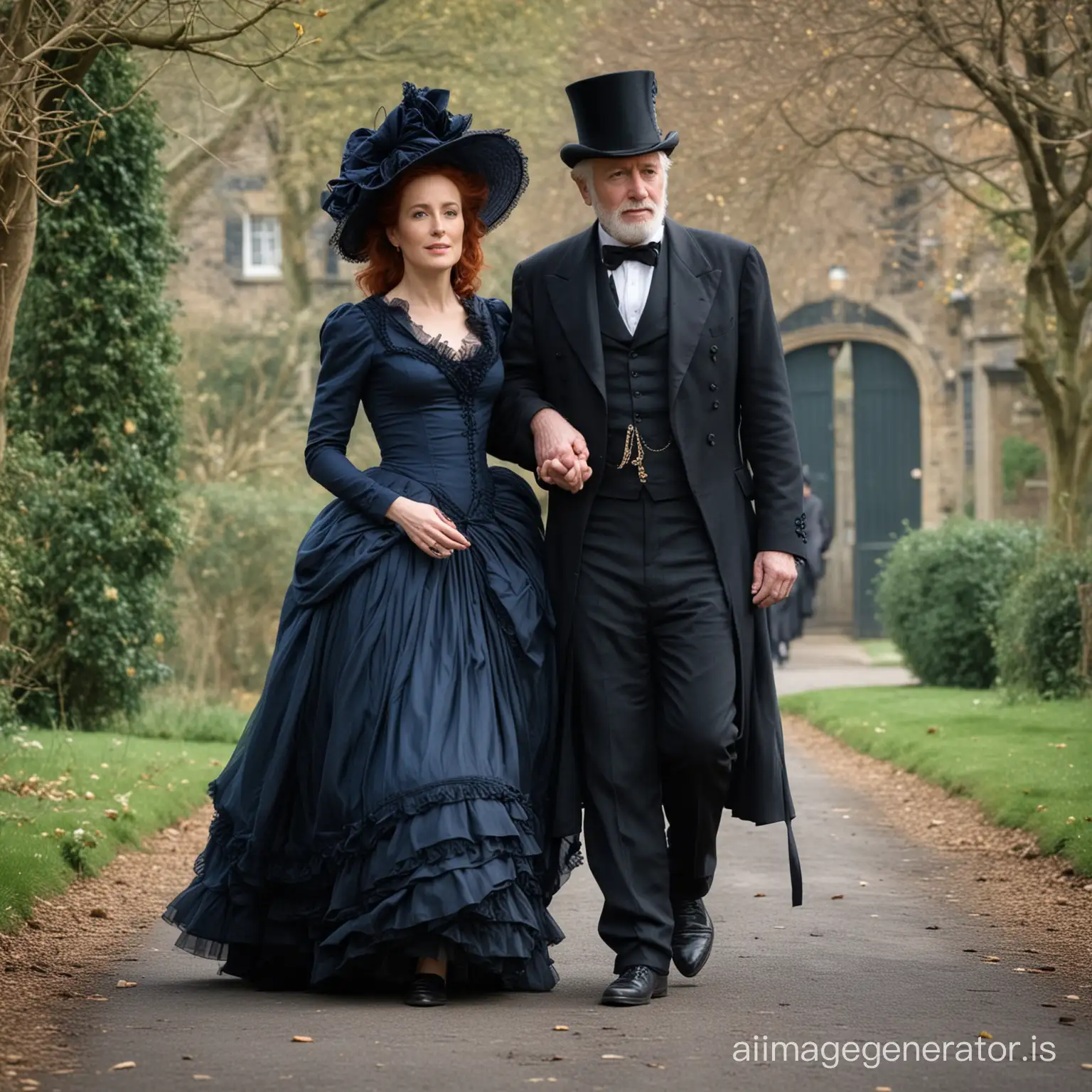 Victorian-Newlyweds-Stroll-RedHaired-Bride-in-Elegant-Dress-with-Her-Groom