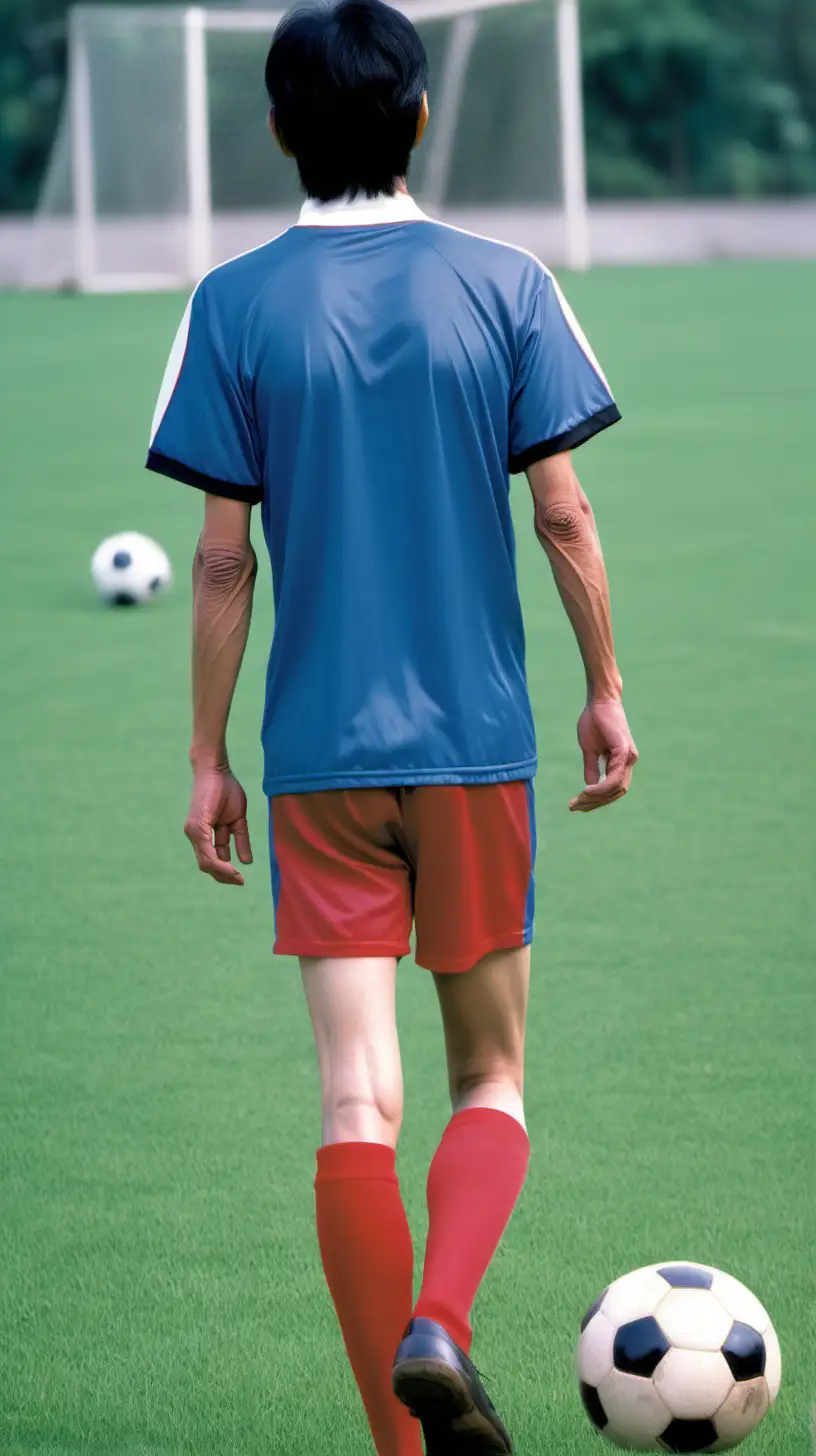 a 60-year-old skinny asian man with short, thin black hair standing from the back view He is wearing a blue soccer jersey with red pants and holding a ball.