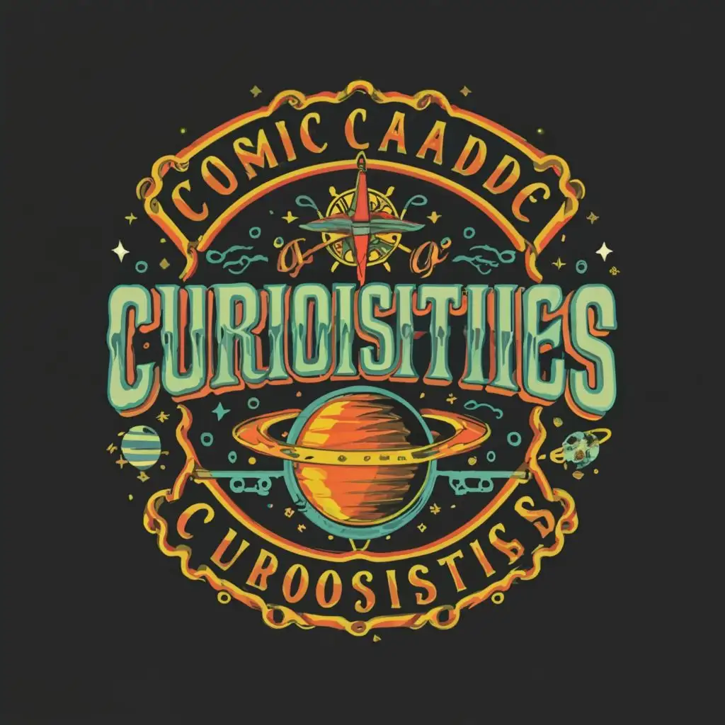 a logo design,with the text "Cosmic Cavalcade of Curiosities", main symbol:space,pirate,sci-fi,retro,skull,ship,ships wheel,1950s,crossed cricket bats,complex,be used in Entertainment industry,clear background