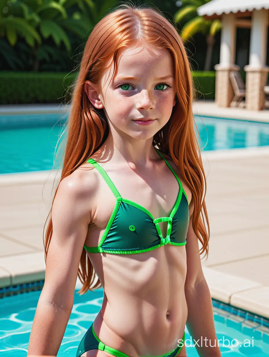 8 years old long ginger hair girl, green eyes, very muscular abs, string bathingsuit