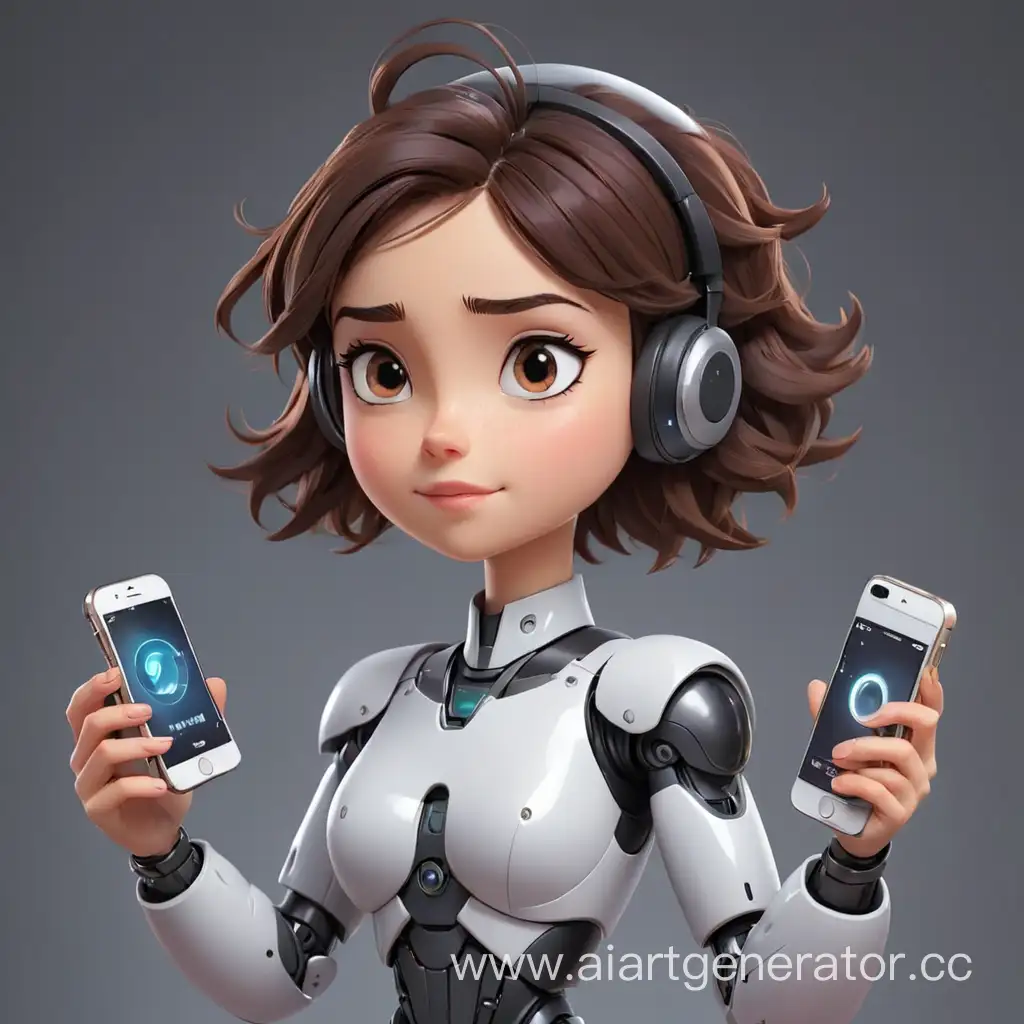 Cute-Cartoon-Girl-Robot-Holding-Phones