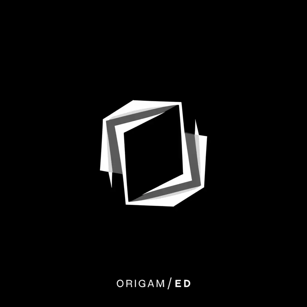 a logo design,with the text "Origami/ed", main symbol:O letter sliced in 45 degree , mono color grey , black background,Moderate,be used in Entertainment industry,clear background