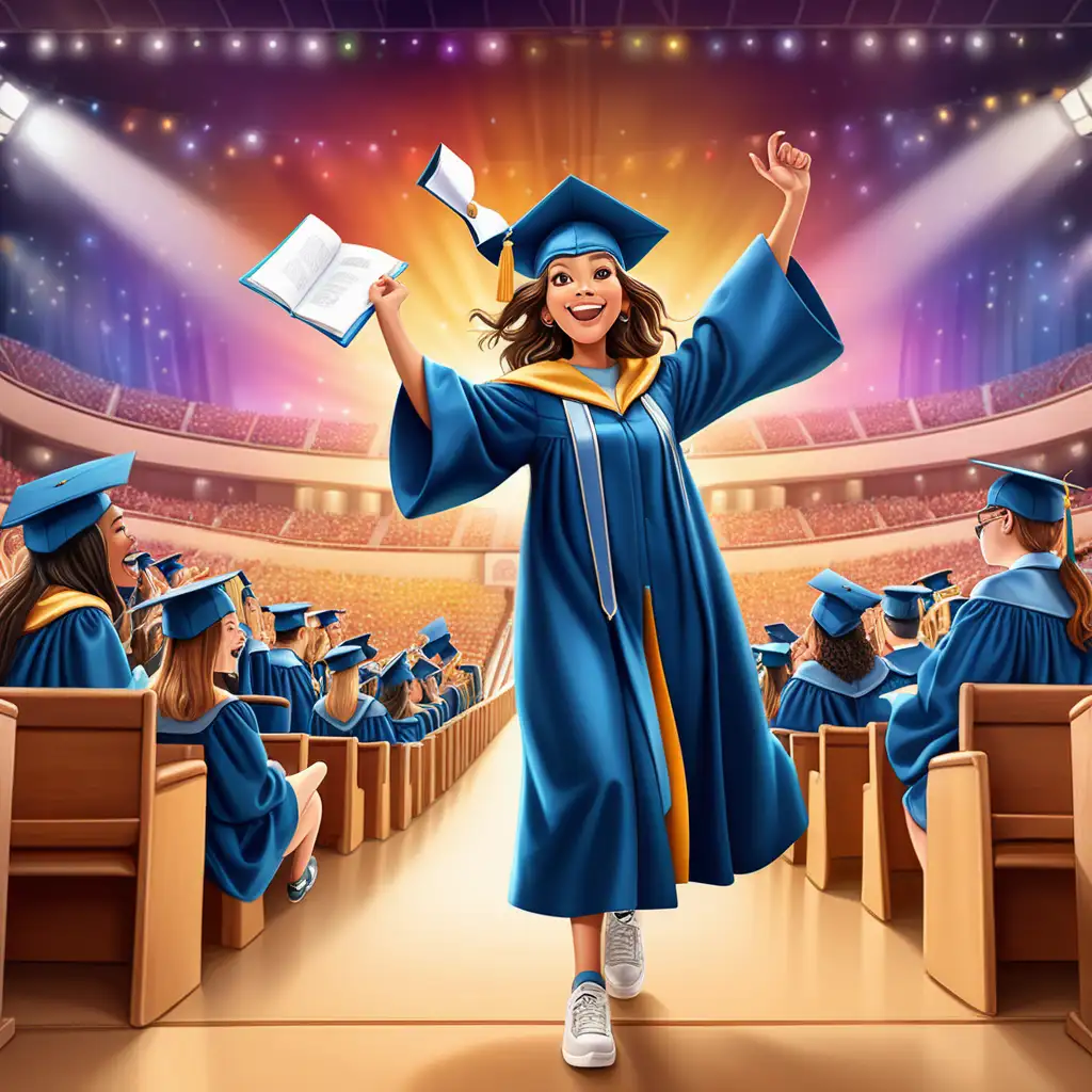 Create a 3D illustrator of an animated scene of a young woman graduating in her higher education would include her wearing a cap and gown, holding a diploma with a proud and joyful expression. The background would typically feature a stage or auditorium decorated for the graduation.
Beautiful and spirited colourful background illustrations.